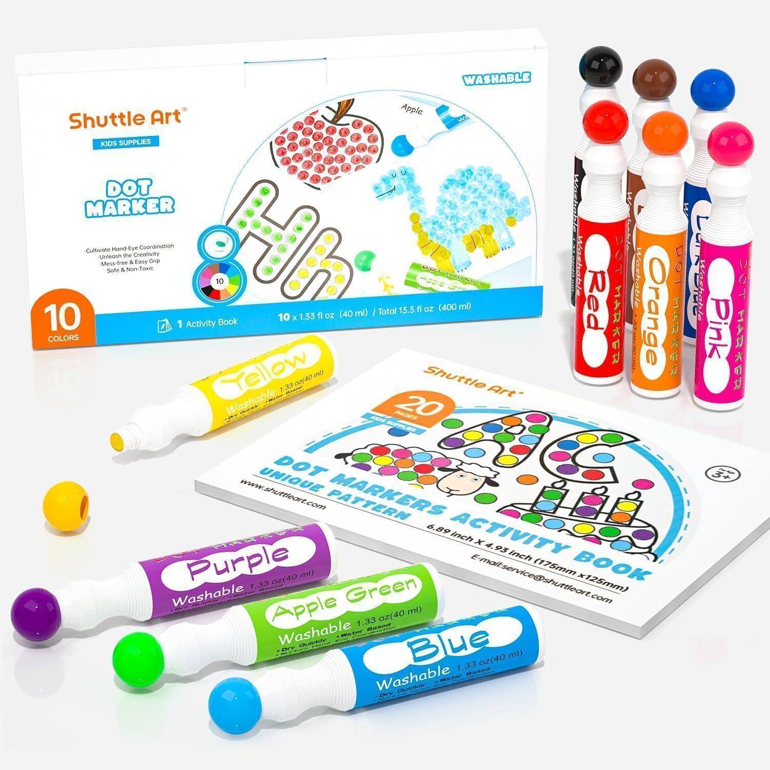 Shuttle Art Punkt-Marker-Set mit 10 auswaschbaren Farben, Aktivitätsbuch und beispielhaften Punkt-Kunst-Designs auf der Verpackung und im Booklet.
