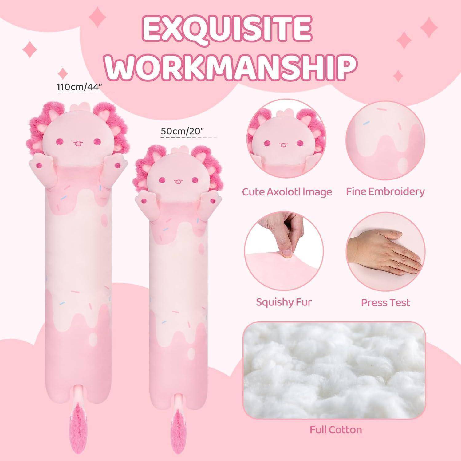 Rosa Axolotl-Plüschtiere in zwei Größen, 110 cm und 50 cm, mit Funktionsbeschreibungen: niedliches Axolotl-Bild, feine Stickerei, weiches Fell, Drucktest und vollständige Baumwollfüllung.