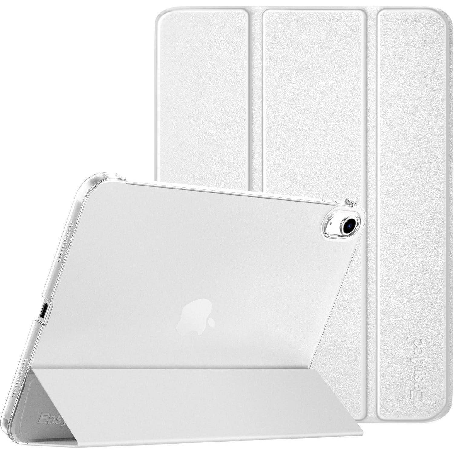 Transparente Schutzhülle für ein iPad, von hinten gezeigt mit integriertem Ständer zum Zusammenklappen und Kameraausschnitt.