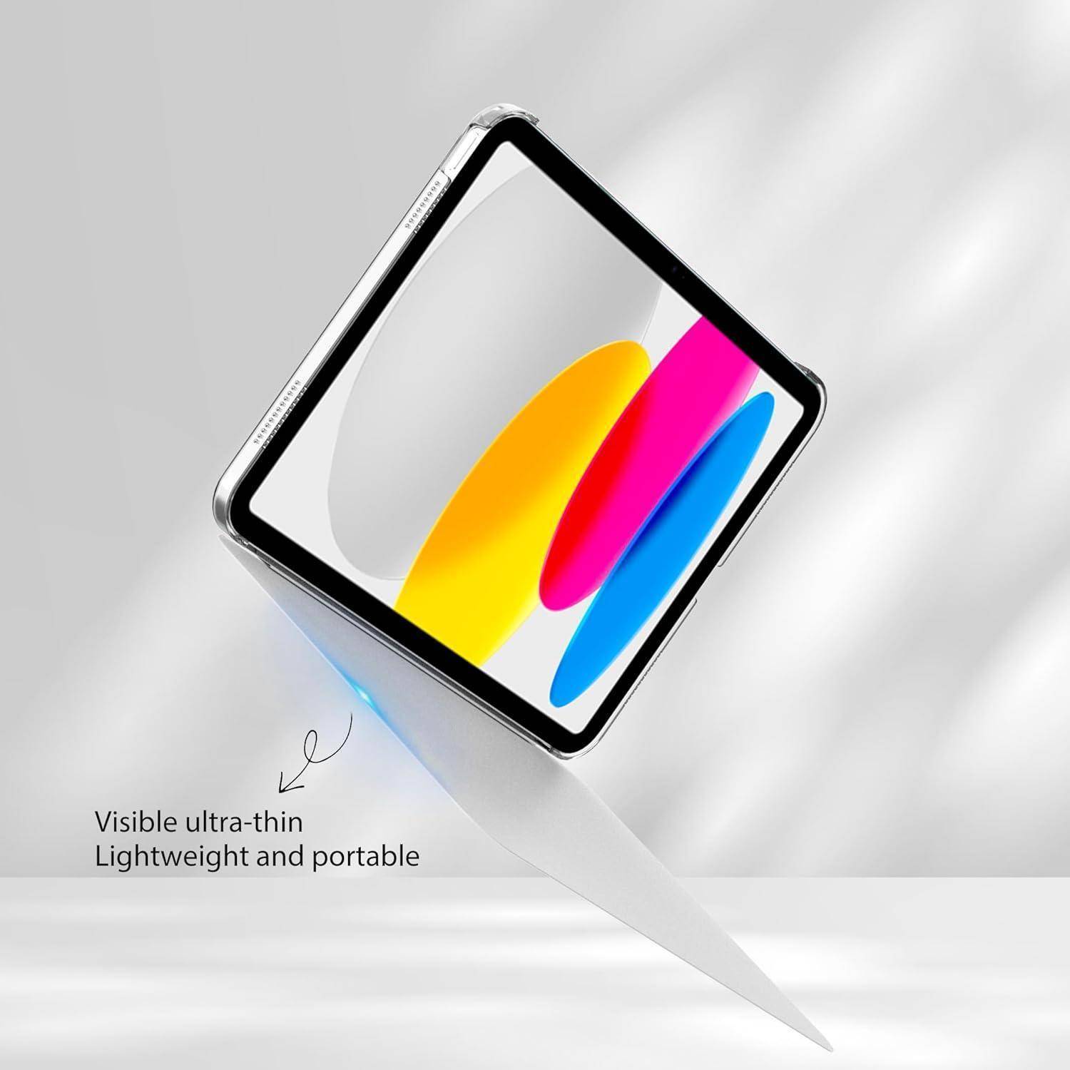 Ein schlankes ultraflaches Tablet, das im Winkel präsentiert wird, mit farbenfrohen abstrakten Formen auf dem Bildschirm und der Beschriftung „Sichtbar ultraflach Leicht und tragbar".