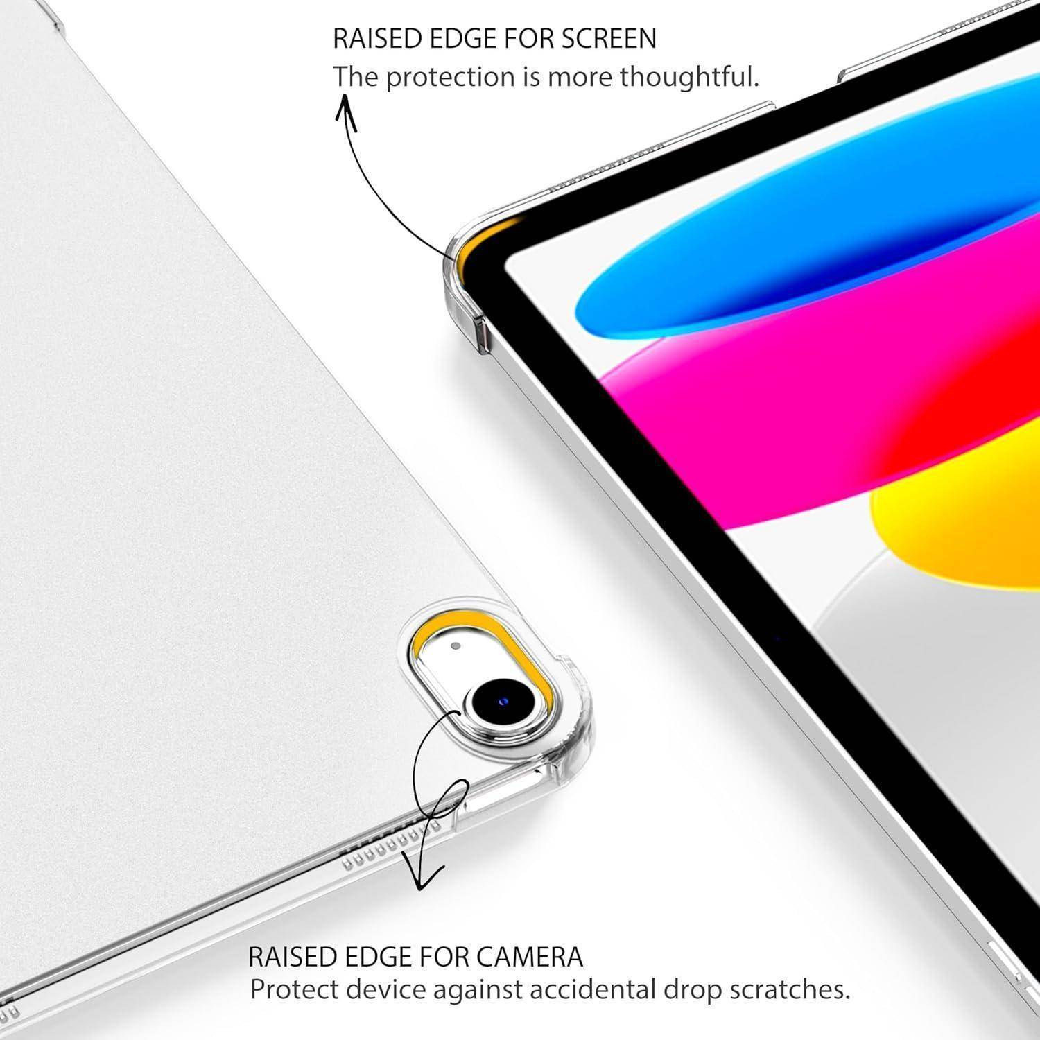 Werbe-Grafik eines transparenten Tablet-Schutzkoffers mit erhöhten Kanten zum Schutz des Bildschirms und der Kamera, beschriftet mit „ERHÖHTE KANTE FÜR BILDSCHIRM" und „ERHÖHTE KANTE FÜR KAMERA"".