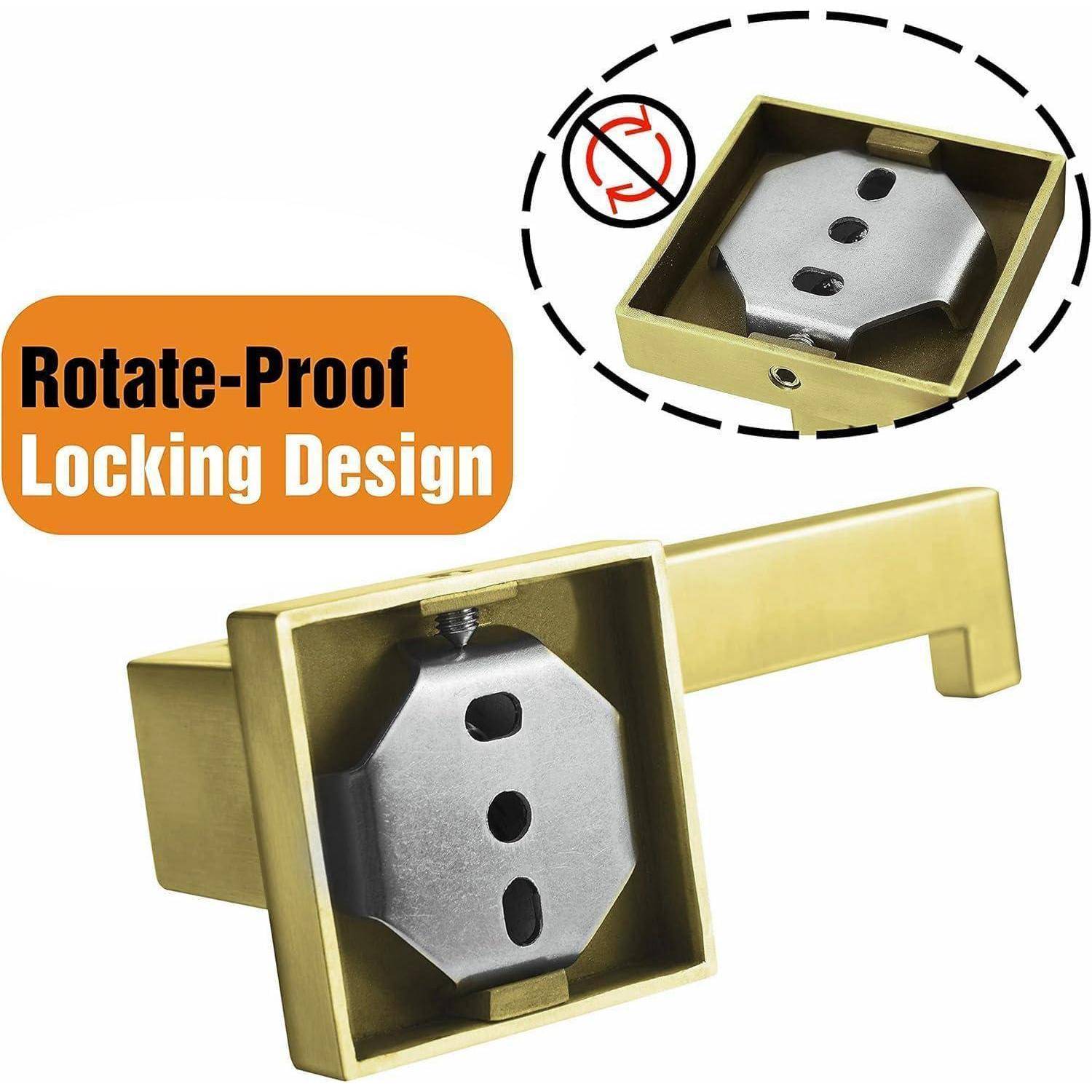Goldenes Türschloss mit Text „Rotate-Proof Locking Design