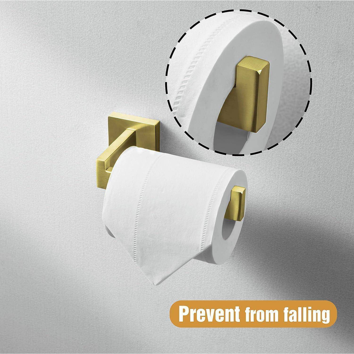Toilettenpapierrolle, die auf einem goldenen Wandhalter befestigt ist, mit einer Nahaufnahme eines Stoppers mit der Beschriftung „Verhindert das Herunterfallen
