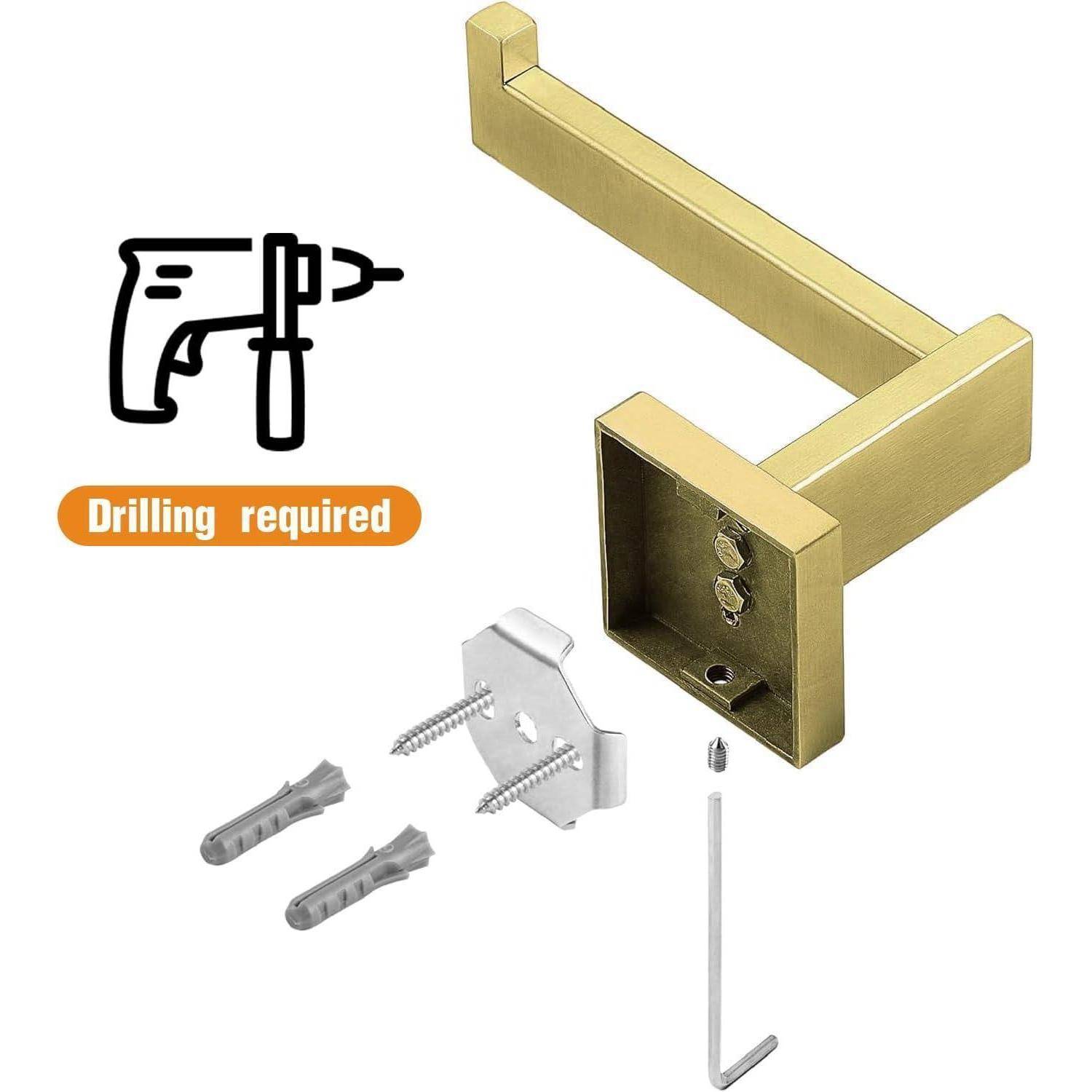 Goldene wandmontierte Handlaufhalterung mit Montageblech, Schrauben, Dübeln und Innensechskantschlüssel; Symbol und Text besagen „Bohren erforderlich