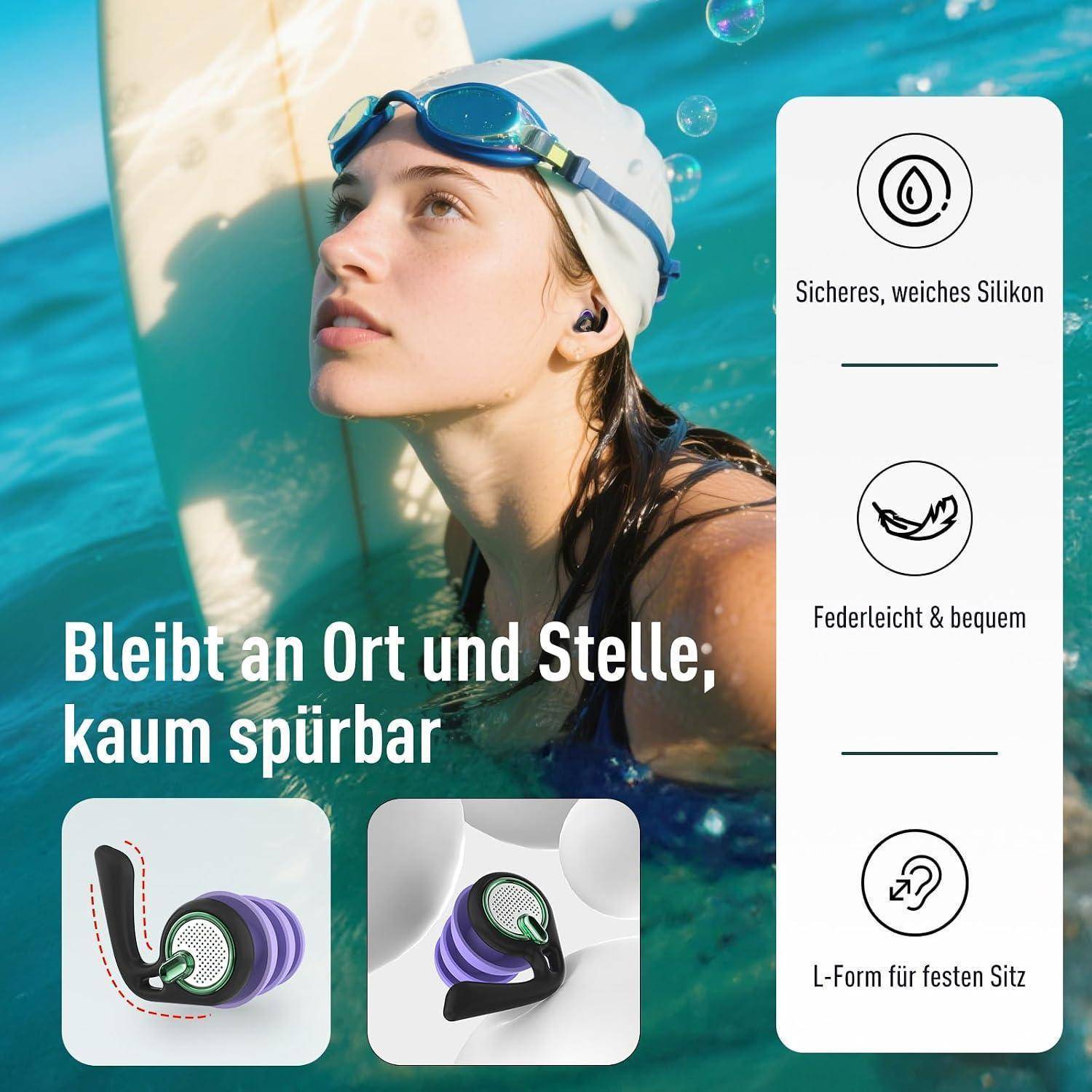 Hearprotek Schwimm Ohrstöpsel für Erwachsene, Schwarz Violett, 2 Paar | wiederverwendbare wasserdicht Silikon-Ohrstöpsel für Schwimmen, Surfen, Du