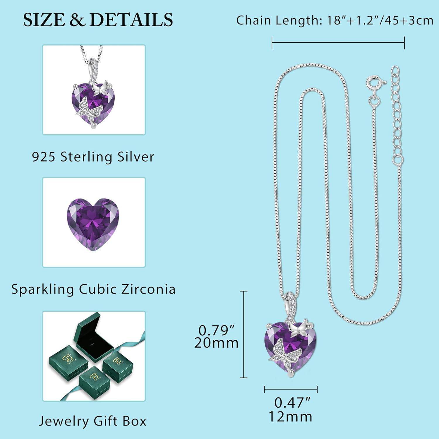Produktgröße und Details Grafik für eine violette Herzanhänger-Halskette: 925er Sterlingsilber, funkelnde kubische Zirkonia, Geschenkbox enthalten. Kettenlänge 18+1,2/45+3 cm; Anhänger 0,79 Zoll x 0,47 Zoll.