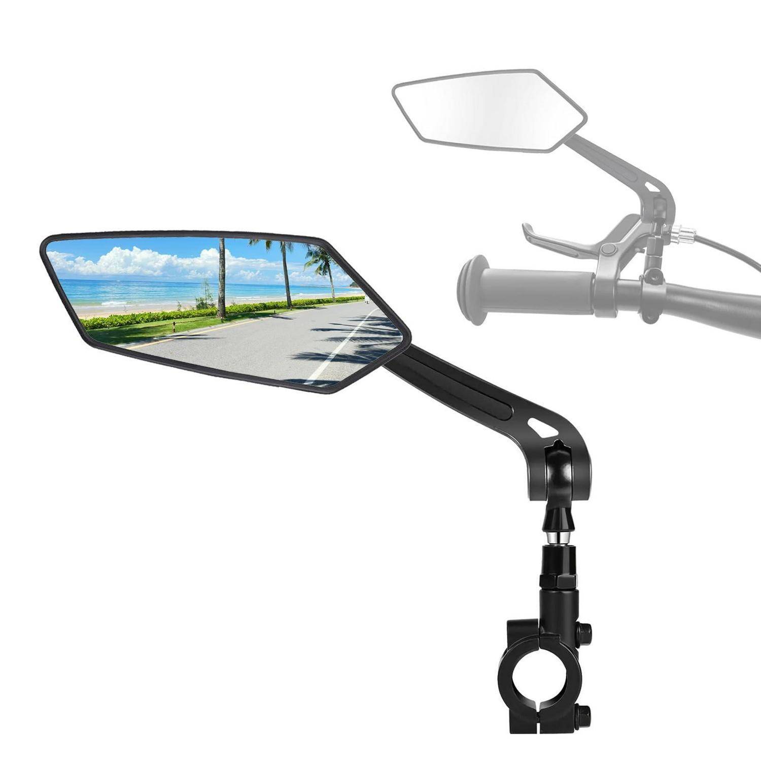 Motorrad-Lenkererspiegel mit Straßen- und Meeresblick, mit einem verblassten Inset des auf einem Motorradlenker montierten Spiegels.