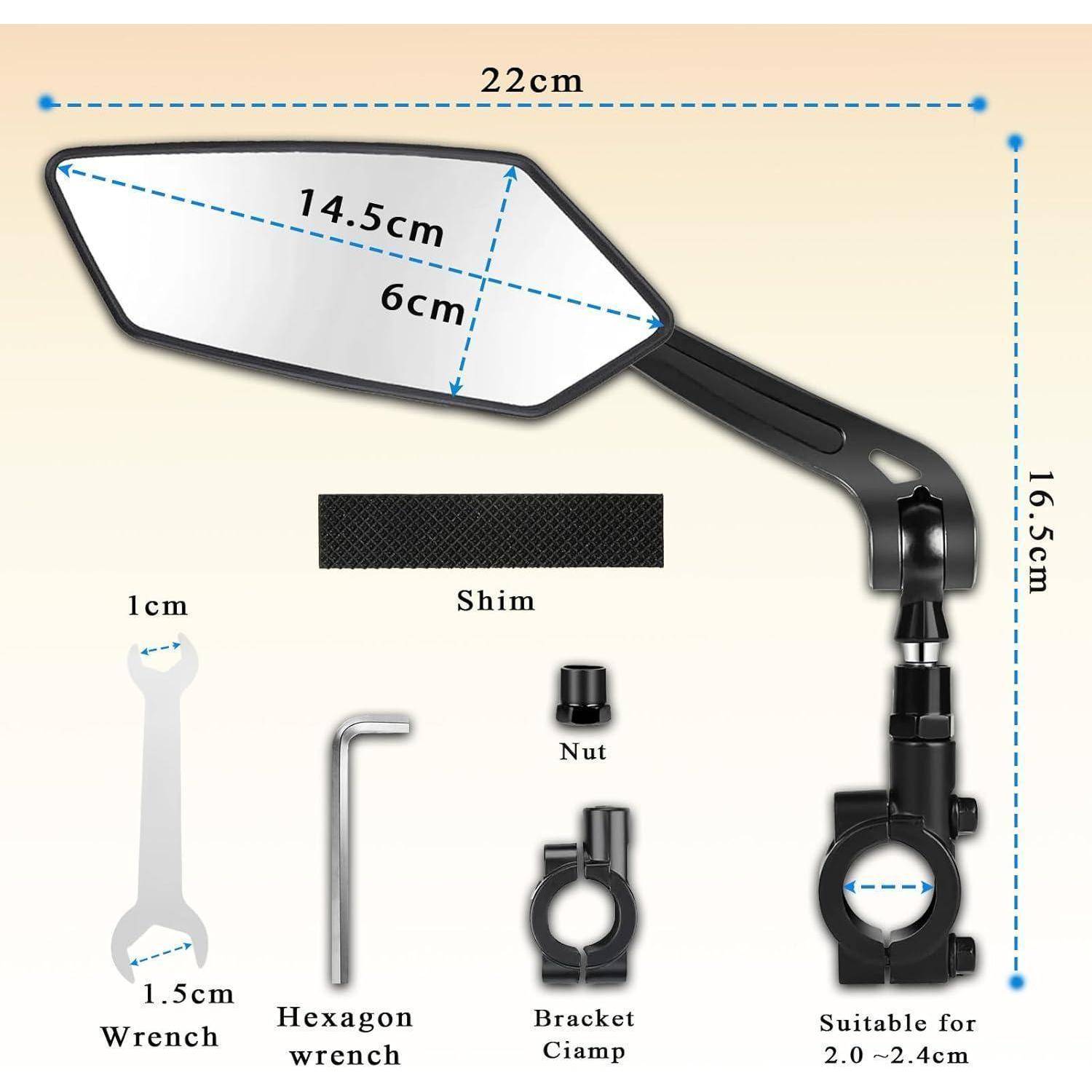 Produktdiagramm eines Motorradspiegels und Montageteile, das Spiegelmessungen von 22 cm x 16,5 cm, 14,5 cm x 6 cm Spiegelfläche und enthaltene Unterlegscheibe, Mutter, Halterungsklammer und Schraubenschlüssel für 0,8–2,2 cm Lenker zeigt.