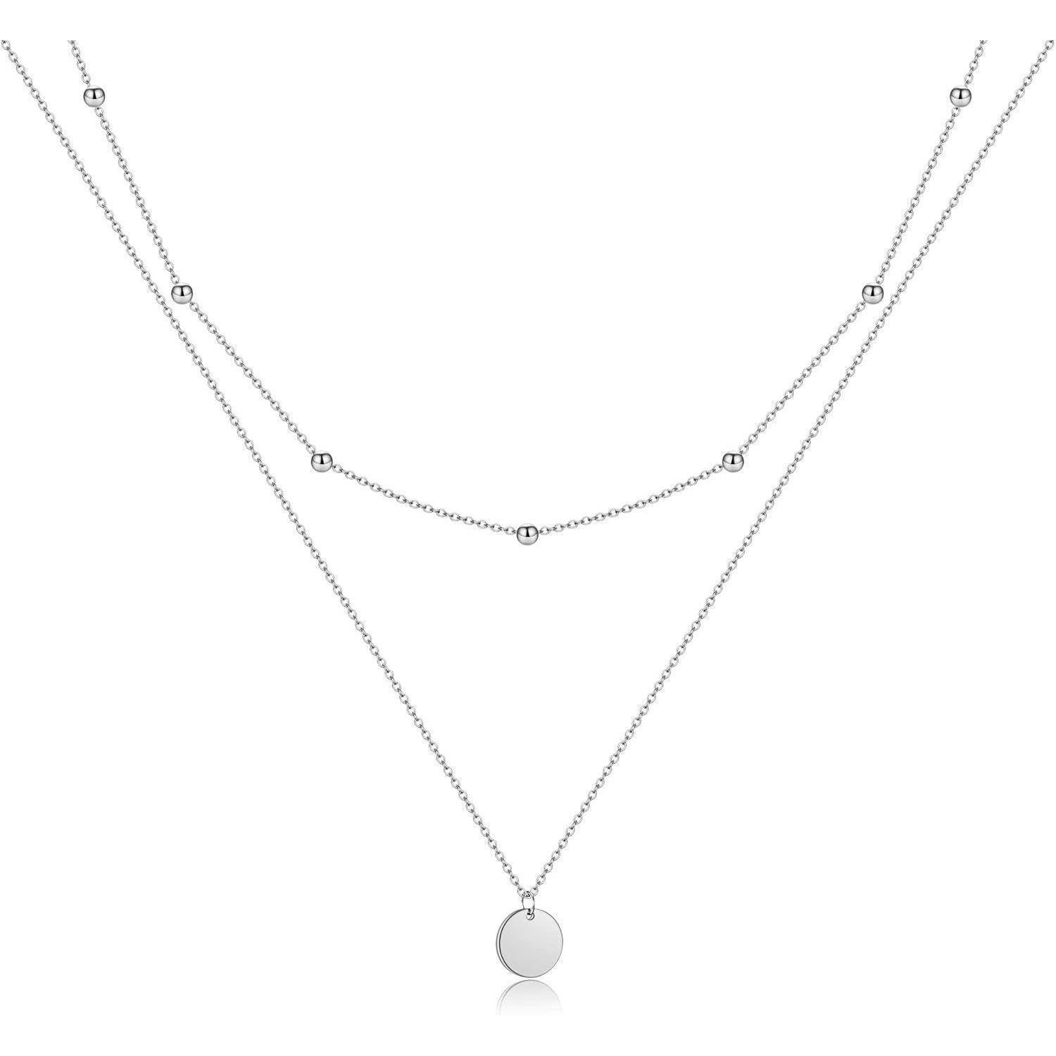 AFSTALR Damen Layered Kette Silber/Rosegold/Gold Plättchen Kette Doppel Multilayer Halskette mit Coin Runden Anhänger