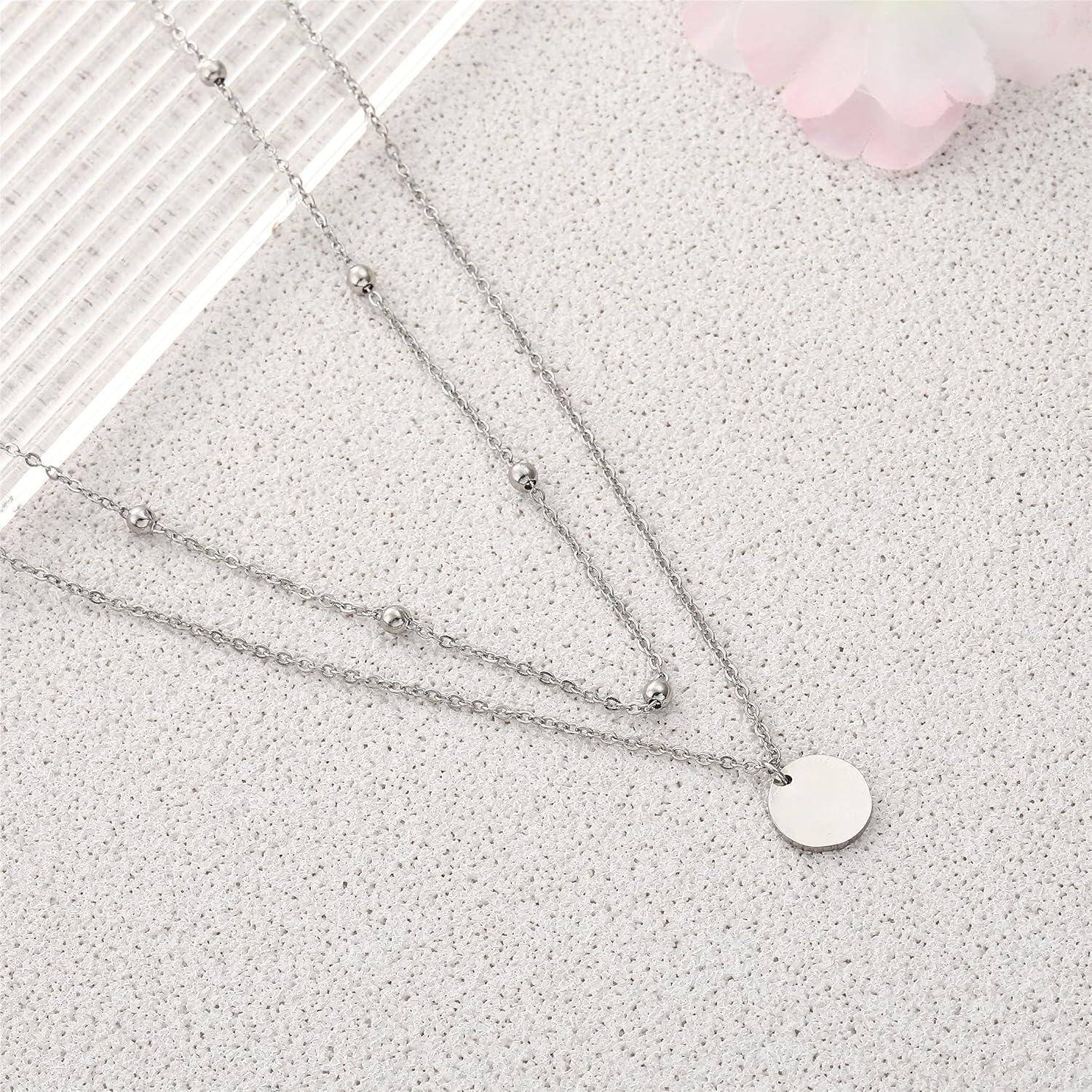 AFSTALR Damen Layered Kette Silber/Rosegold/Gold Plättchen Kette Doppel Multilayer Halskette mit Coin Runden Anhänger
