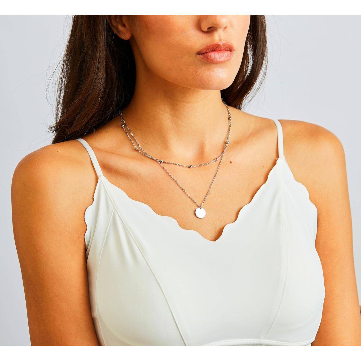 AFSTALR Damen Layered Kette Silber/Rosegold/Gold Plättchen Kette Doppel Multilayer Halskette mit Coin Runden Anhänger