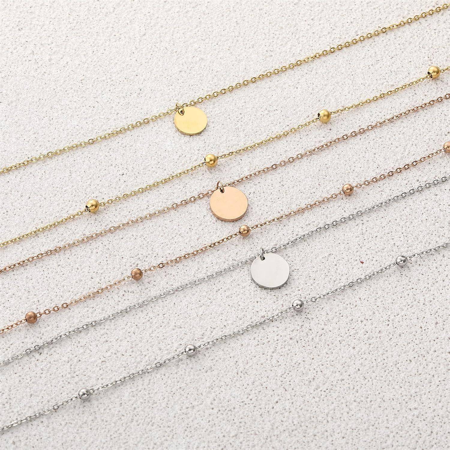 AFSTALR Damen Layered Kette Silber/Rosegold/Gold Plättchen Kette Doppel Multilayer Halskette mit Coin Runden Anhänger