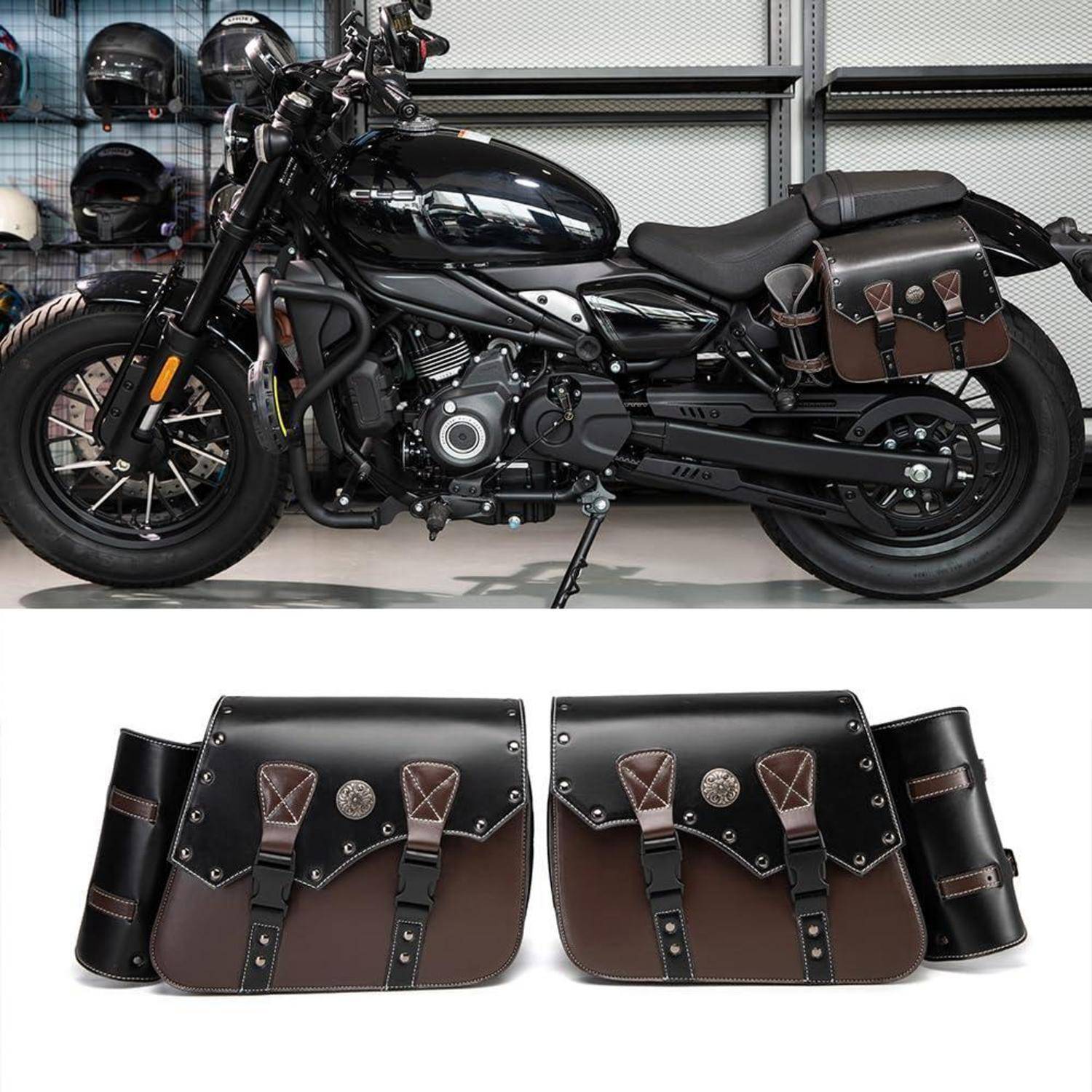 Schwarzes Cruiser-Motorrad mit passenden braun-schwarzen Ledersatteltaschen, oben dargestellt über einem Produktstilbild der Taschen allein.