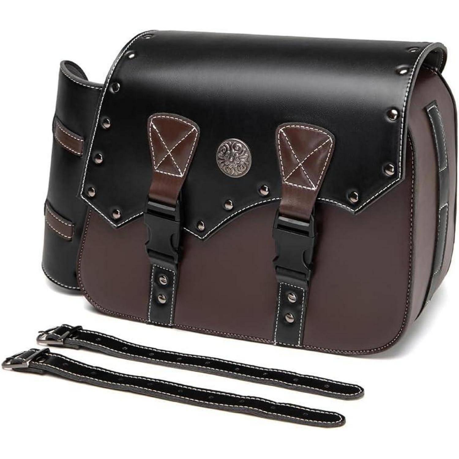 Schwarze und braune Lederschultertasche mit Überschlag-Verschluss, Metallnieten, zwei vorderen Schnallen und abnehmbarem Riemen wie unten gezeigt.