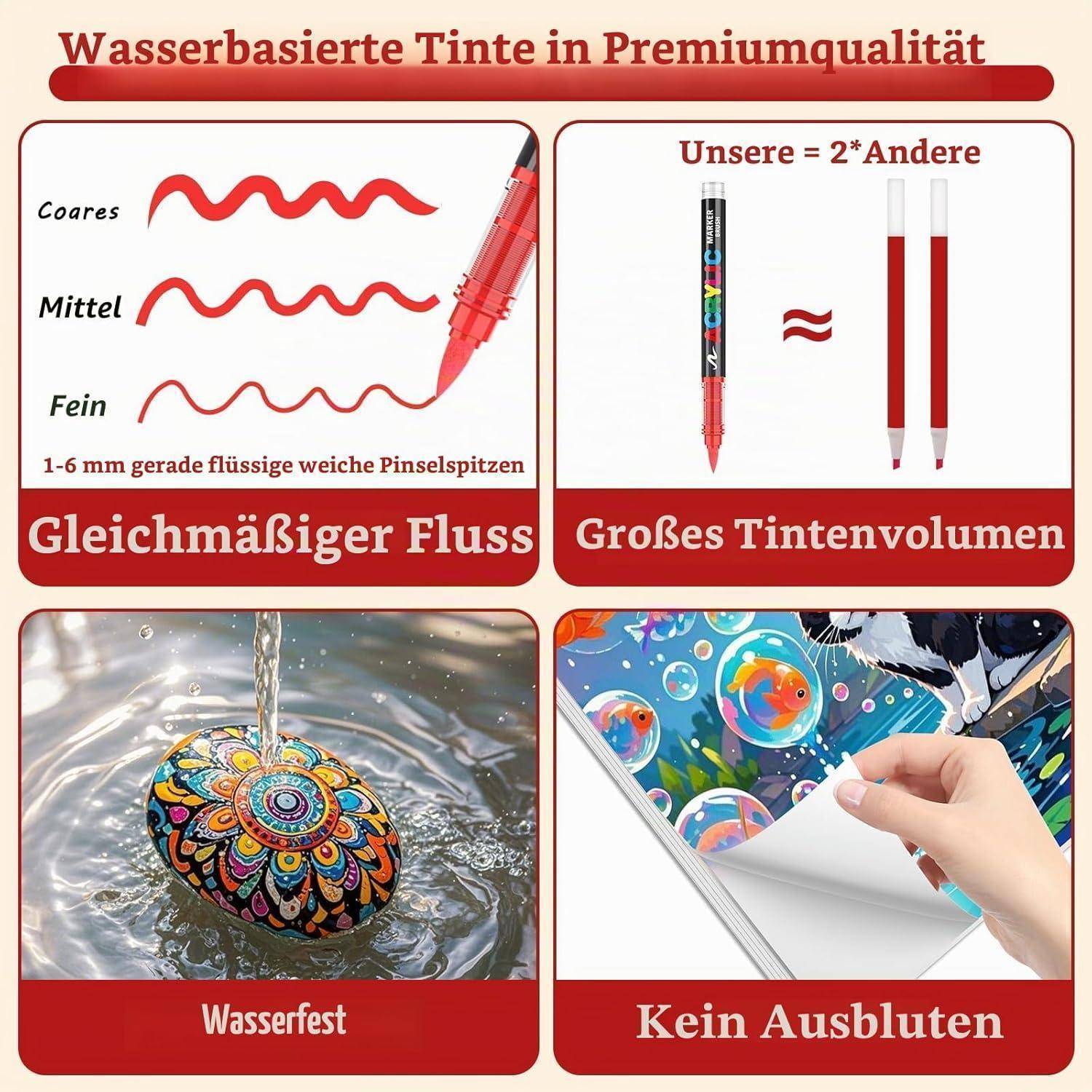 Acrylstifte, 60 Farben, Direktflüssig mit flexibler Pinselspitze | kräftige Farben für Steine bemalen, Zeichnen und Ausmalen; direktflüssige Acryl