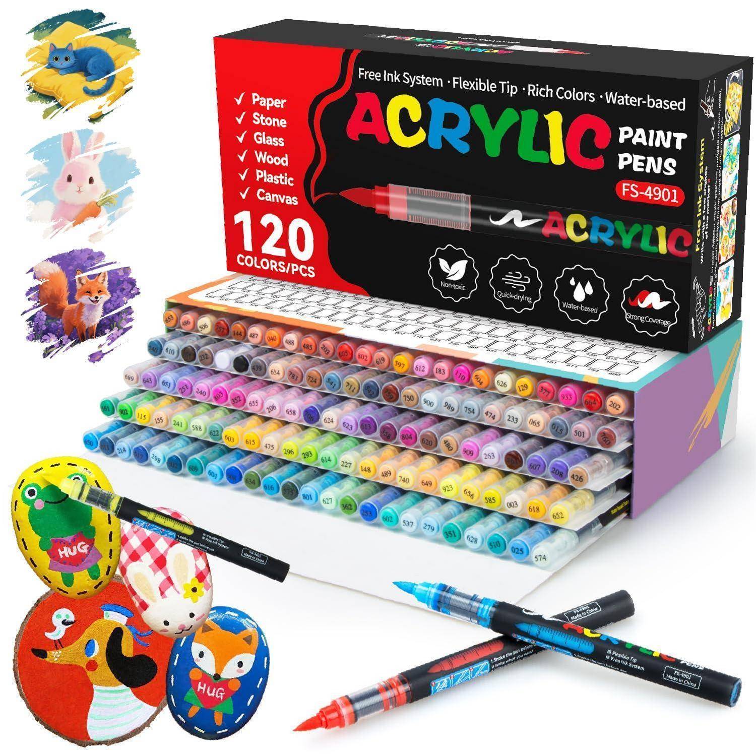 Schachtel mit 120 Acrylmalstiften in verschiedenen Farben, gezeigt mit Stiften, organisierten Farbpaletten und bemalten Designmustern auf der linken Seite.