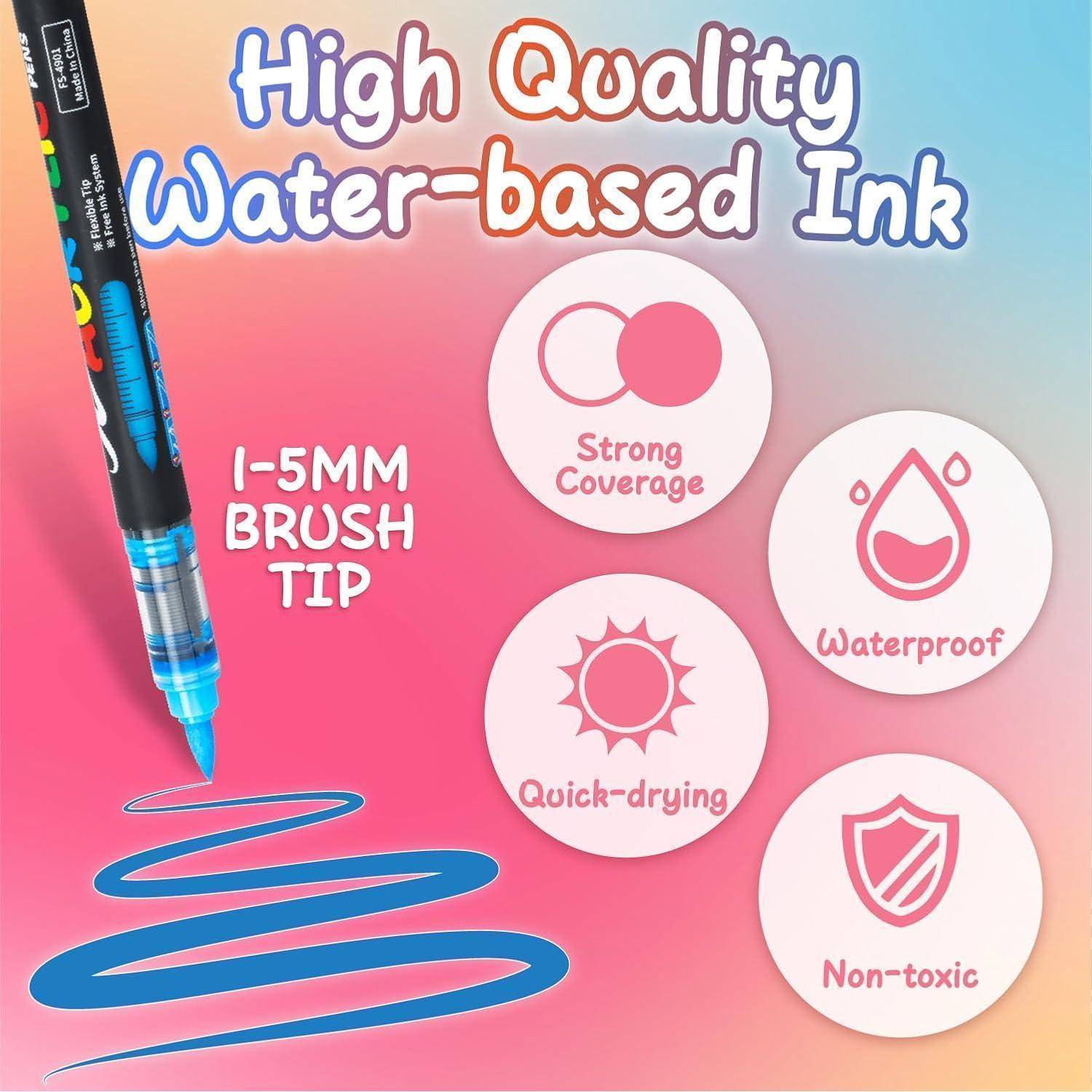Produktanzeige für einen blauen Pinselstift mit hochwertigem, wasserbasierten Tinte, mit Pinselspitze 1-5 mm und den Eigenschaften: starke Deckkraft, wasserfest, schnelltrocknend, ungiftig.