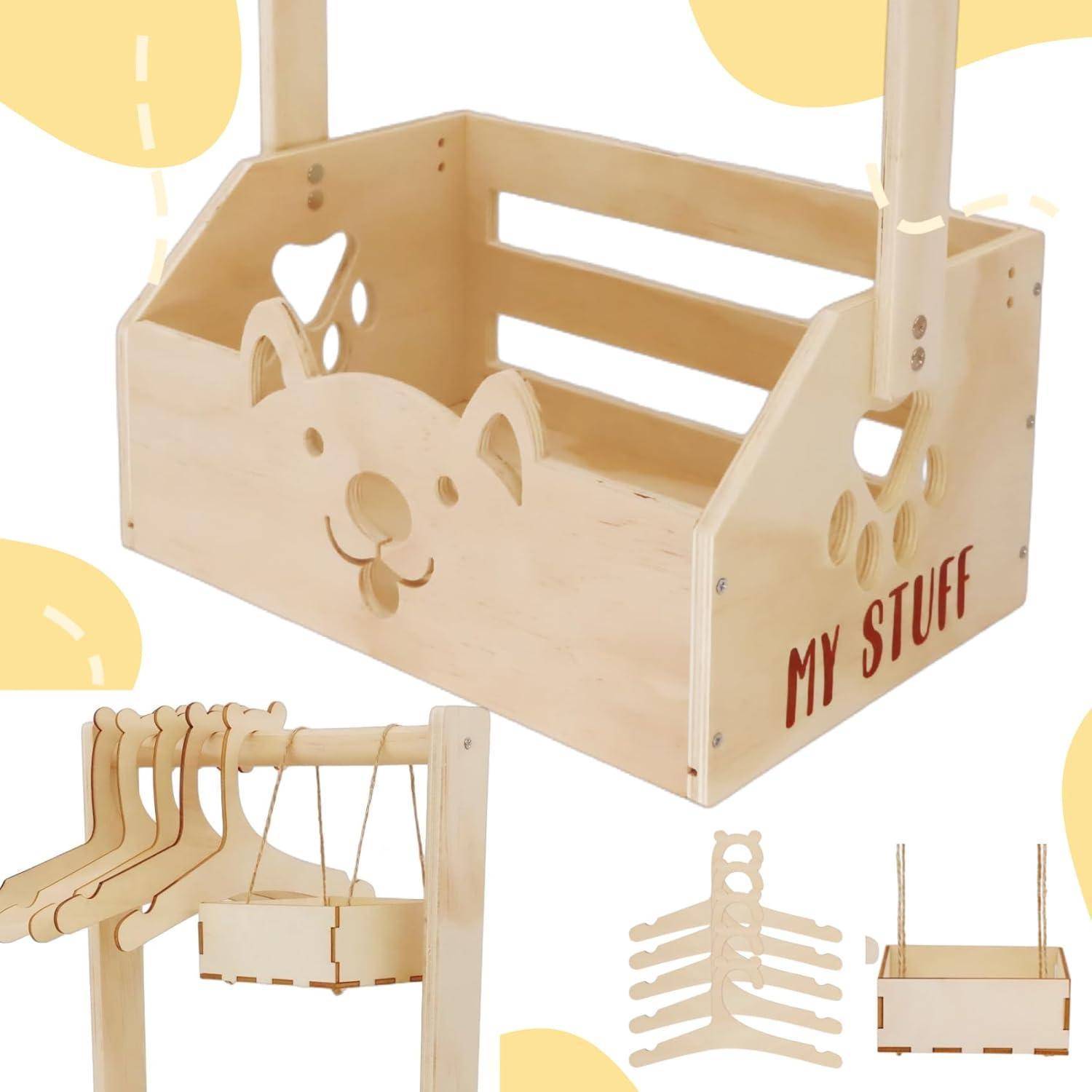 Holz-Aufbewahrungsorganizer für Kinder mit Bärenkopf-Ausschnitt und Text „MY STUFF