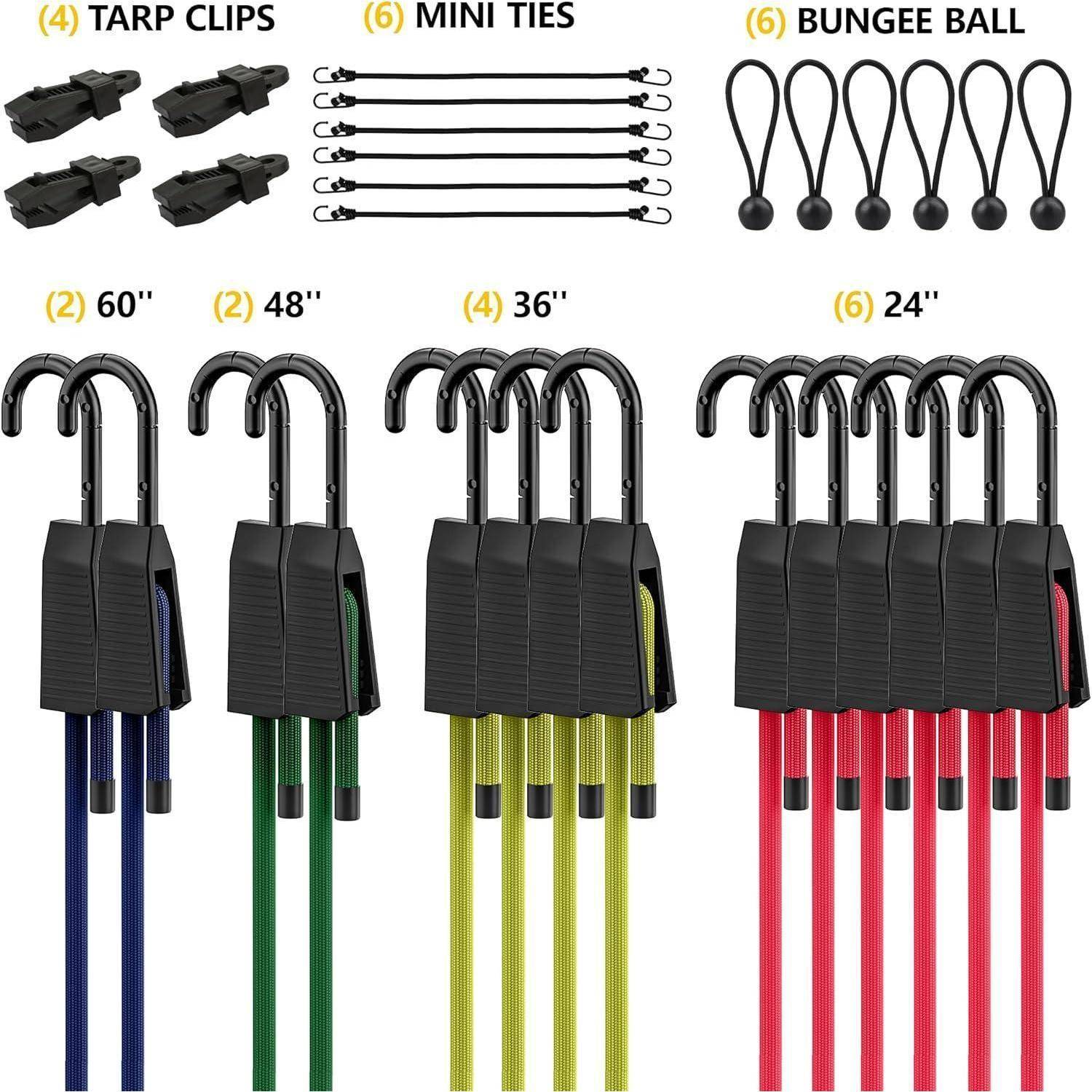 Rugtol Expander mit Haken, 30er Allzweck-Set für Outdoor mit 60 90 120 150 cm Verstellbar Spanngummi, 20cm J-Haken Seile, 10cm Spanngummis mit