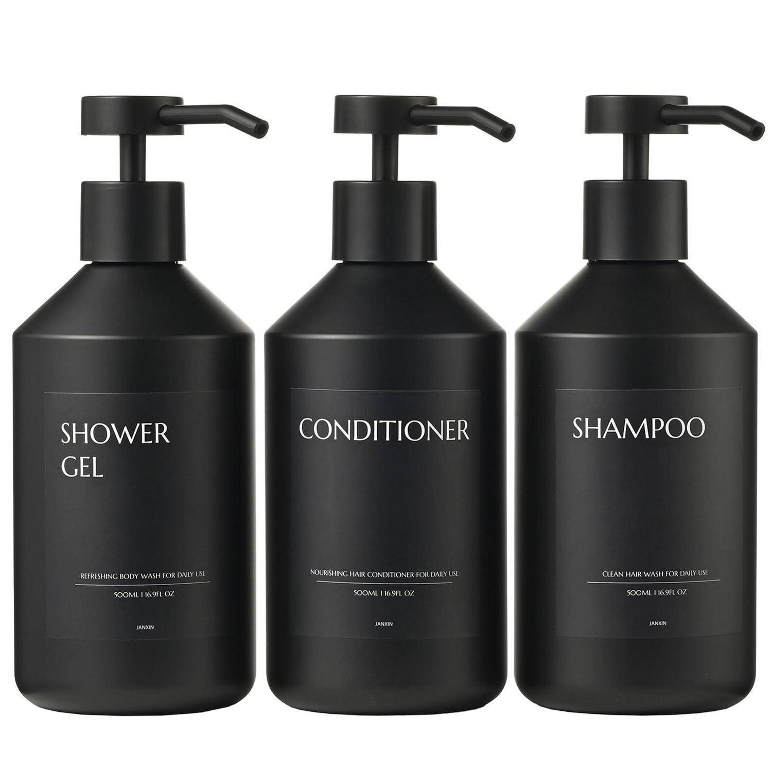 3 pcs Seifenspender Schwarz, Hand Soap Bottle and Washing-Up Liquid Bottle for Kitchen and Bathroom with Waterproof Labels 500 ml(Schwarze Flasche
