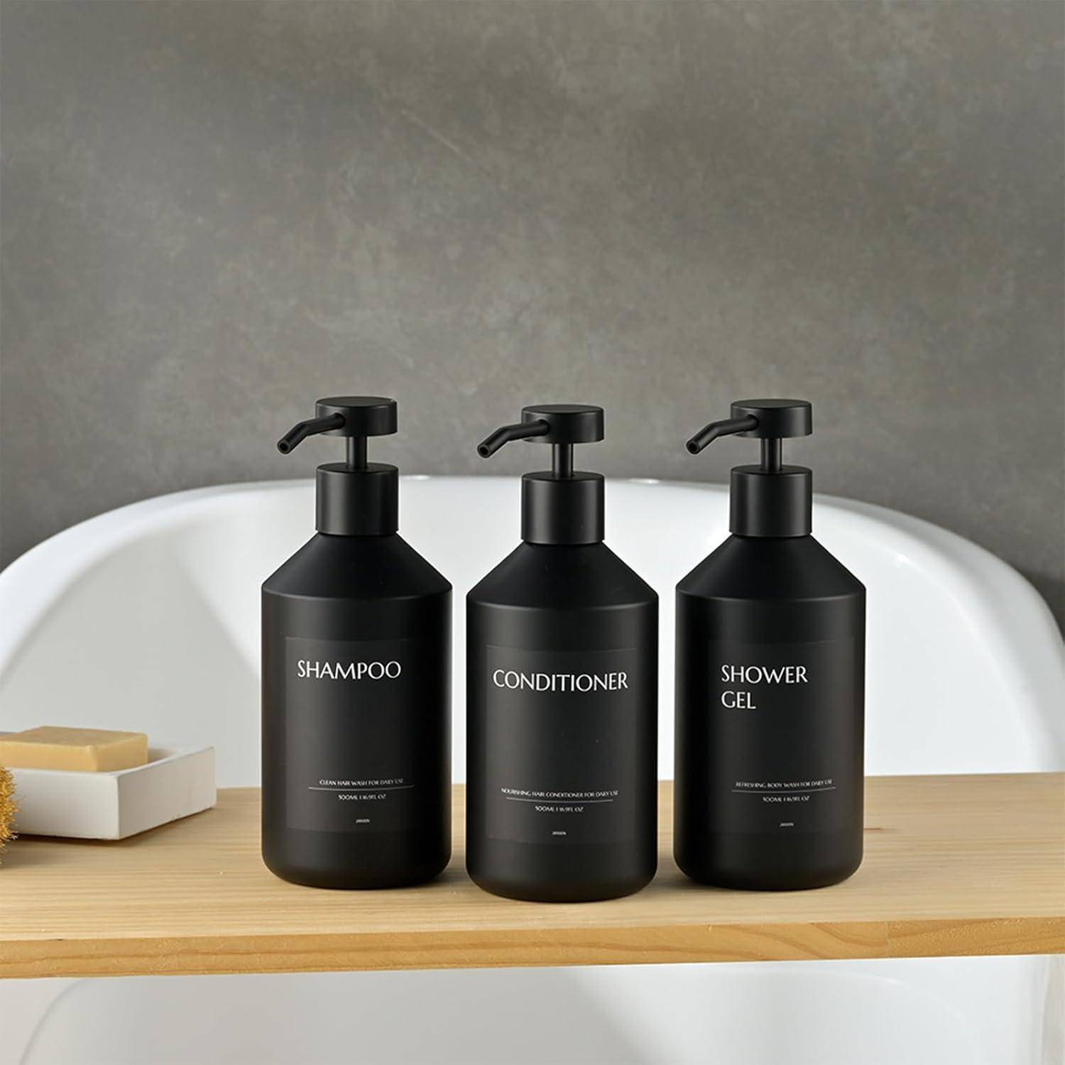 3 pcs Seifenspender Schwarz, Hand Soap Bottle and Washing-Up Liquid Bottle for Kitchen and Bathroom with Waterproof Labels 500 ml(Schwarze Flasche