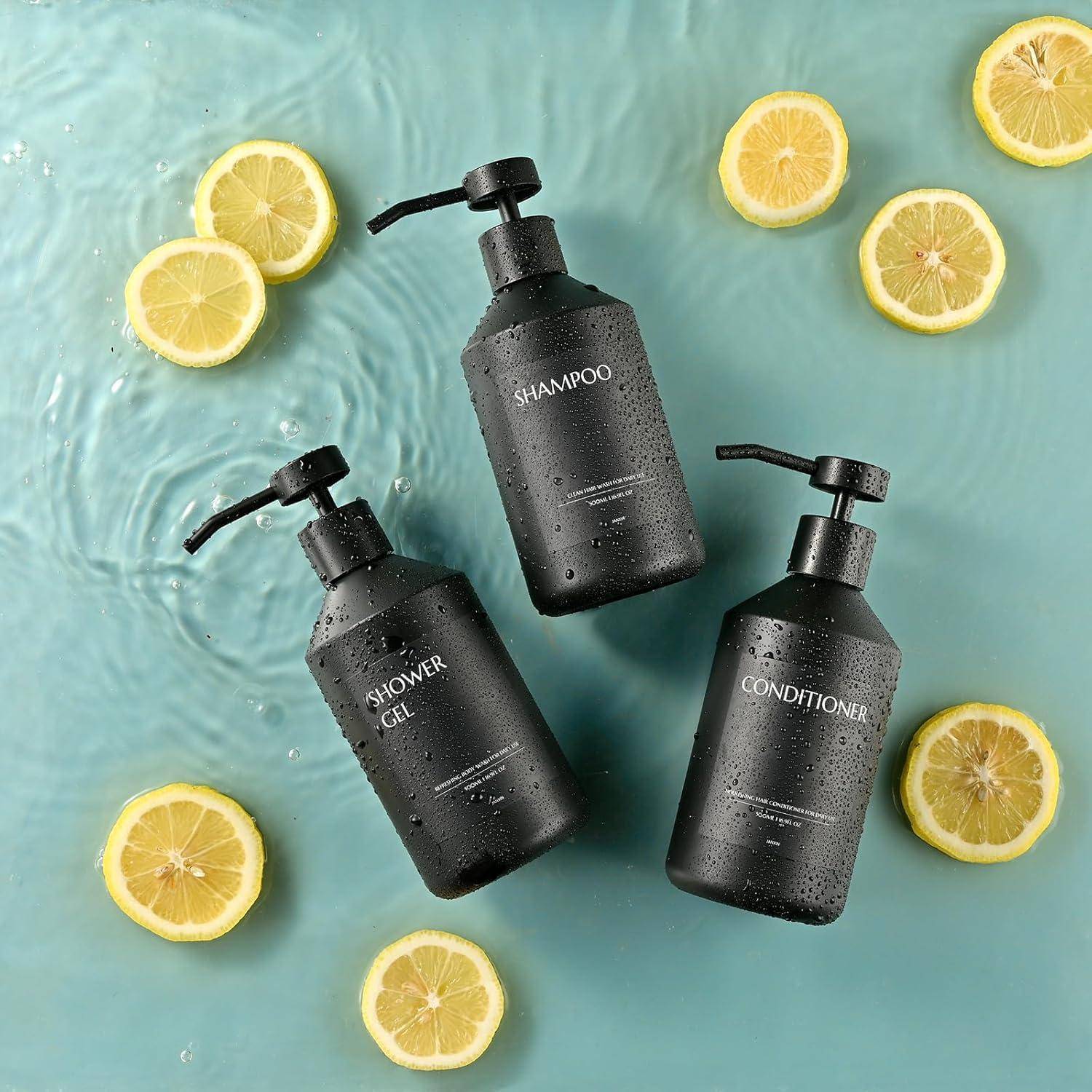 3 pcs Seifenspender Schwarz, Hand Soap Bottle and Washing-Up Liquid Bottle for Kitchen and Bathroom with Waterproof Labels 500 ml(Schwarze Flasche
