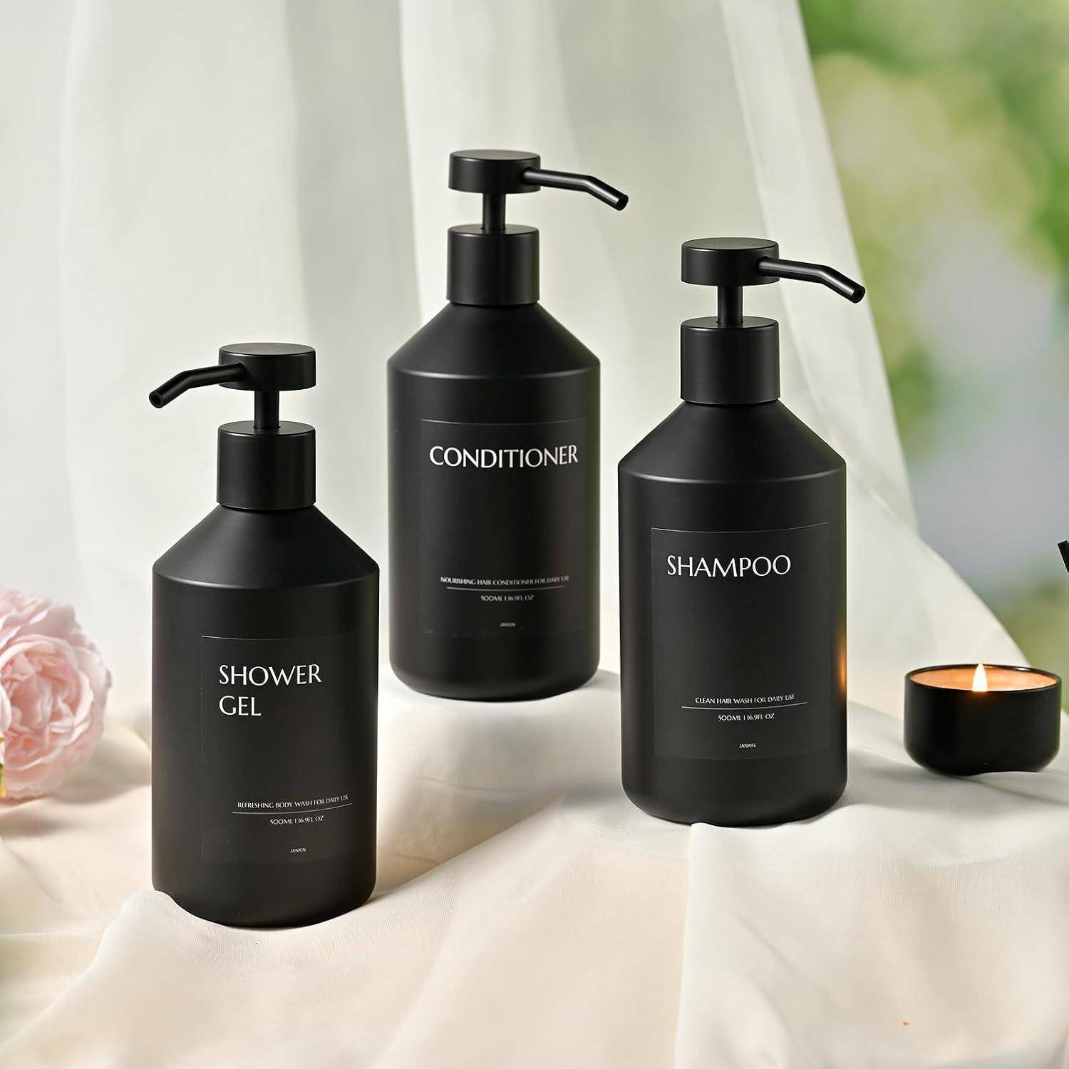 3 pcs Seifenspender Schwarz, Hand Soap Bottle and Washing-Up Liquid Bottle for Kitchen and Bathroom with Waterproof Labels 500 ml(Schwarze Flasche