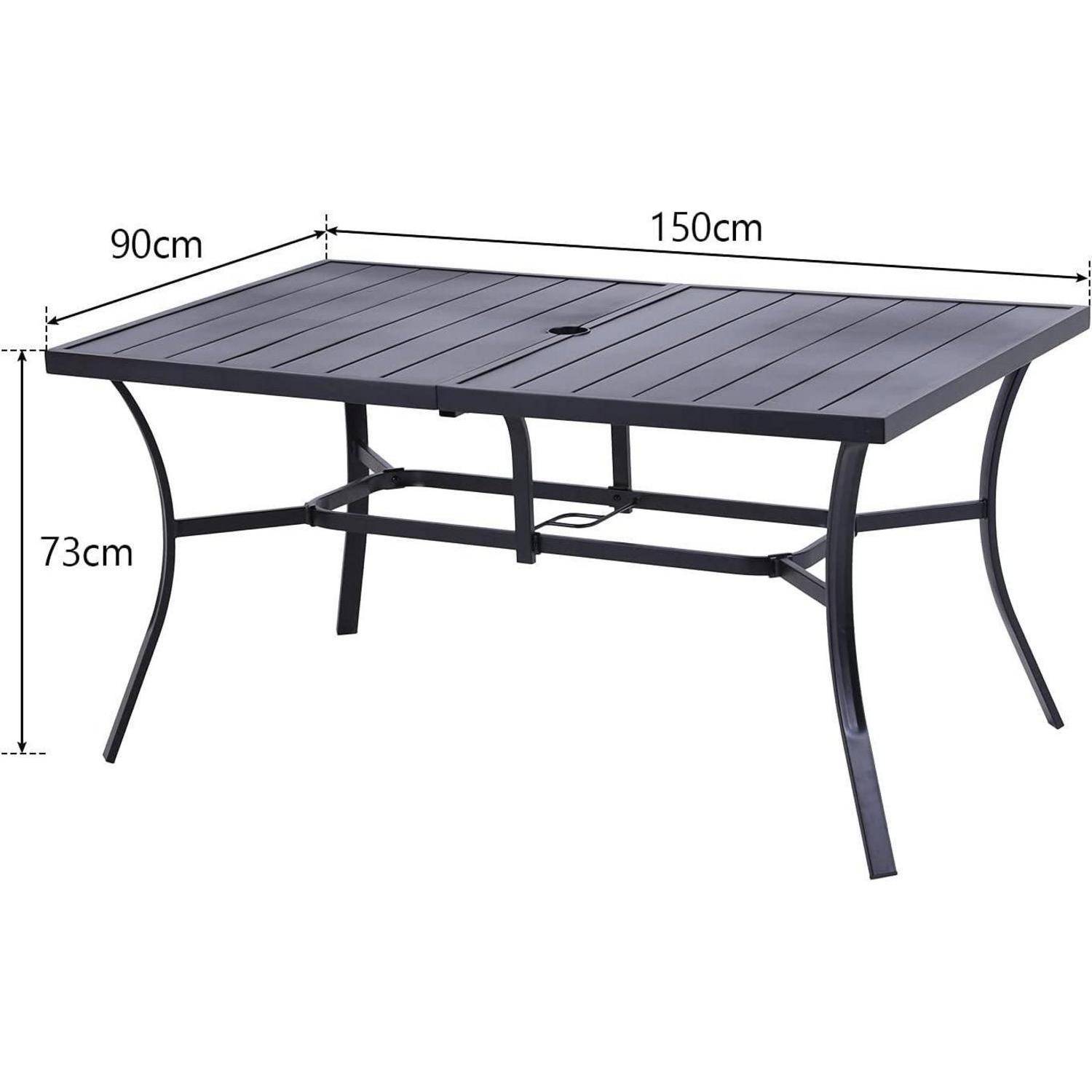 Schwarzer rechteckiger Außenesstisch mit Metallrahmen, 150 cm lang, 90 cm breit und 73 cm hoch.