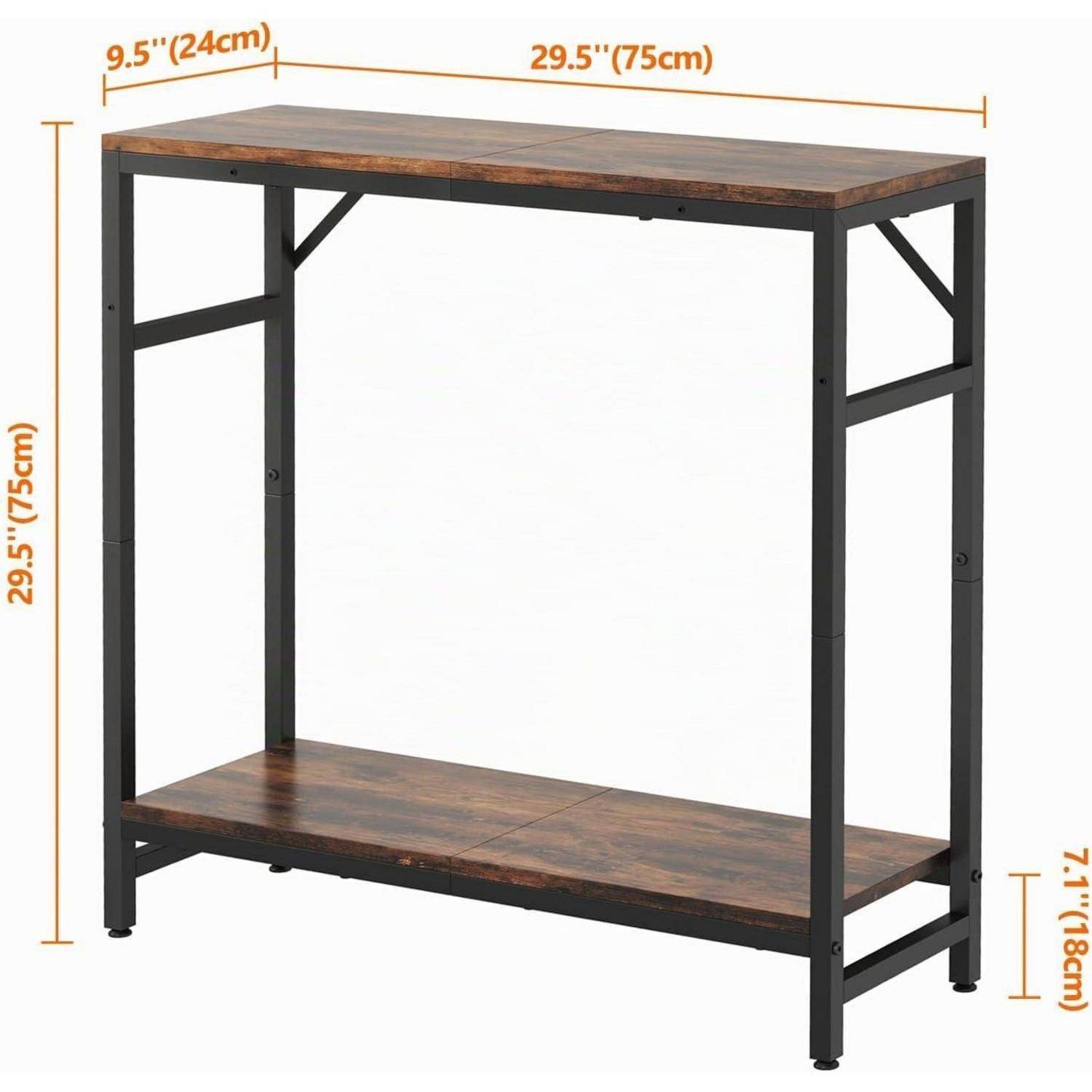 Konsolentisch im Industriestil mit Holzplatte und unterem Regal, schwarzer Metallrahmen, Abmessungen 29,5 x 9,5 x 29,5 Zoll, 7,1 Zoll Regalfreiraum.