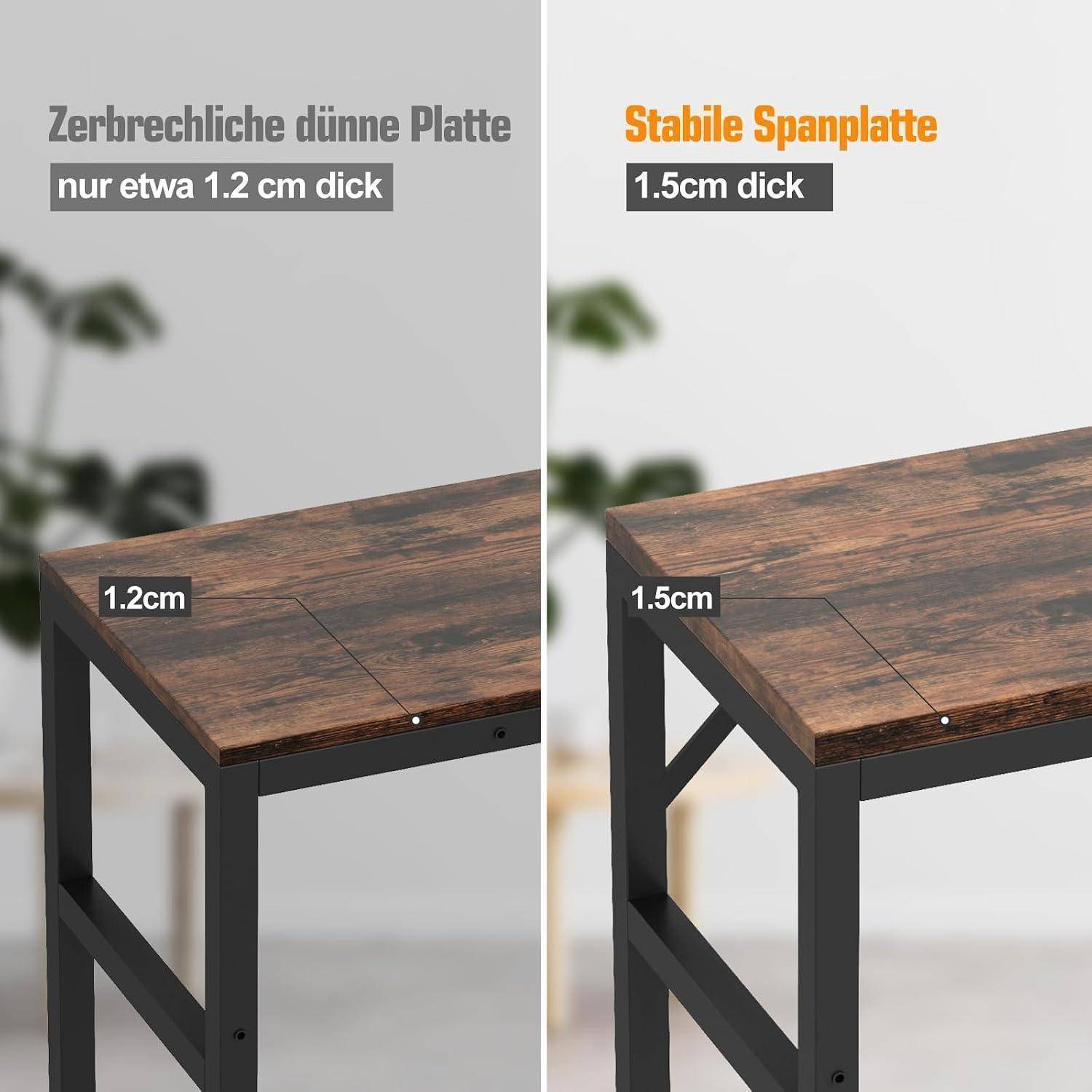 Geteiltes Bild zum Vergleich zwischen dünnen und stabilen Tischplatten: links steht „Zerbrechliche dünne Platte, nur etwa 1,2 cm dick