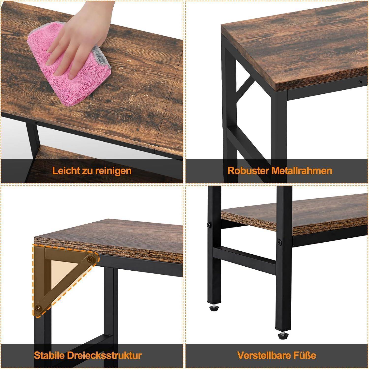 Vierteiliges Produktbild eines kleinen Tisches mit abwischbarer Holzplatte, stabilem Metallrahmen, dreieckigen Stützklammern und verstellbaren Füßen.