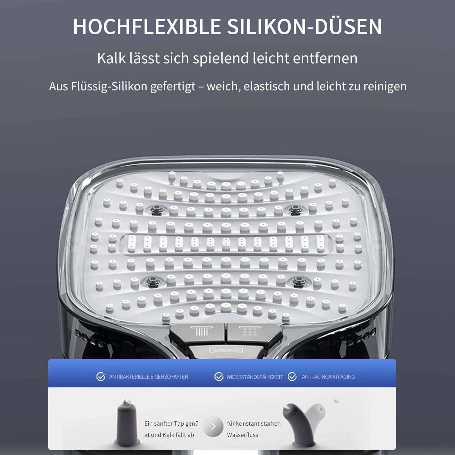 Illustration eines Duschkopfes mit flexiblen Silikonbrausen, die die einfache Entfernung von Kalkablagerungen ermöglichen; deutscher Text hebt die leichte Reinigung sowie antibakterielle und verstopfungsfreie Eigenschaften hervor.
