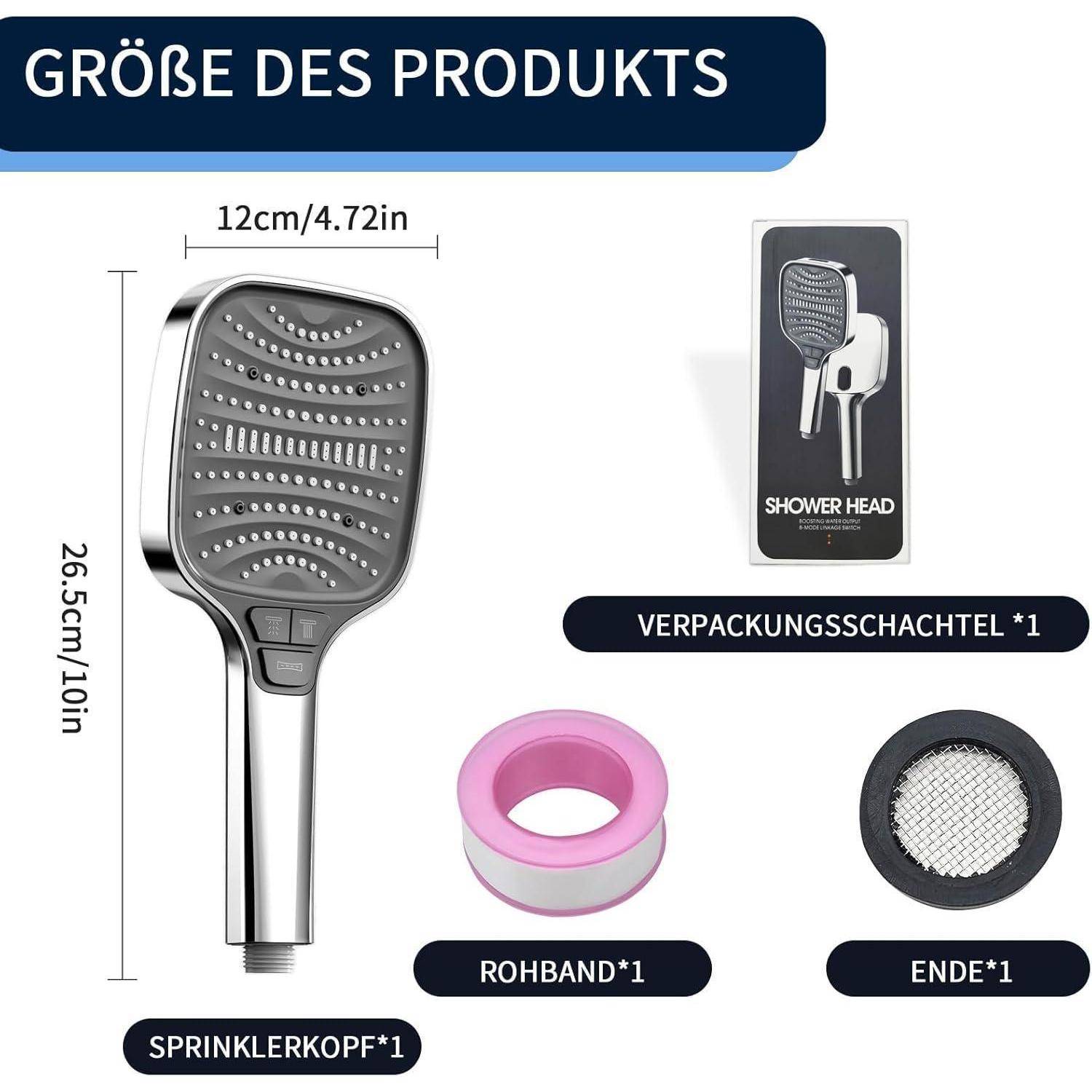 Produktgrößendiagramm für einen Duschkopf mit den Abmessungen 26,5 cm x 12 cm und enthaltenen Artikeln: Sprühkopf, Verpackungsbox, Rohband und Endkappe.