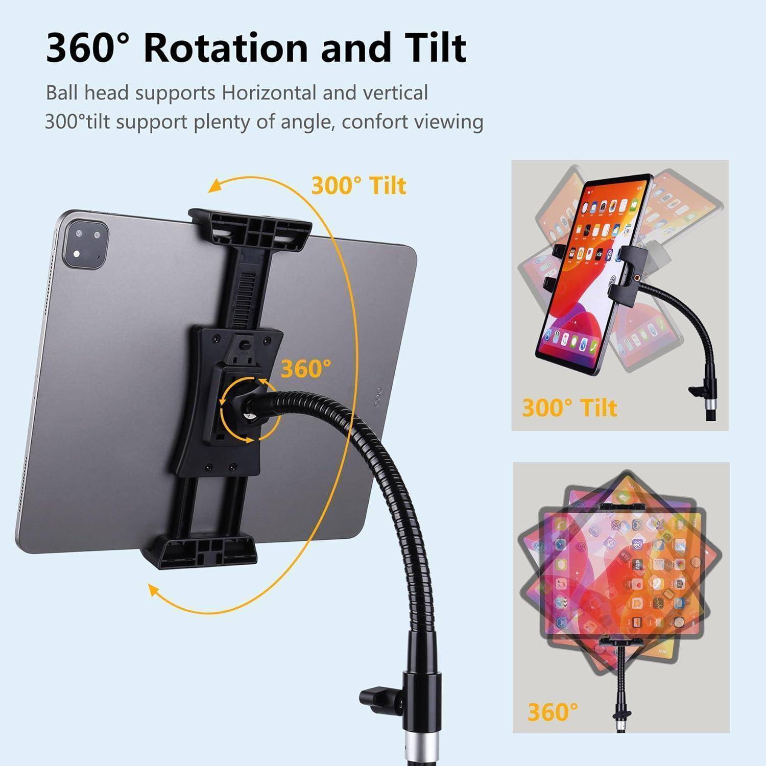 Werbegrafik für eine Tablet-Halterung mit 360°-Rotation und 300°-Neigung, mit einem an einem verstellbaren Arm befestigten Tablet und Detailansichten, die verschiedene Betrachtungswinkel demonstrieren.