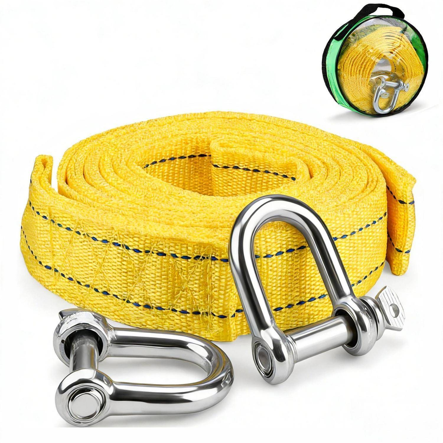 Gelbe Abschleppschlinge mit zwei Metall-D-Ring-Schäkeln und einer Aufbewahrungstasche auf weißem Hintergrund.