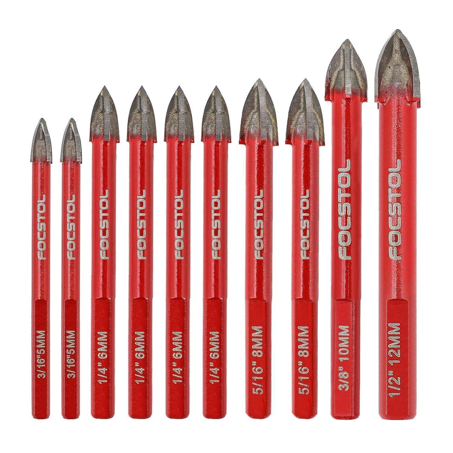FOCSTOL Fliesenbohrer Set - 10 Stück Hartmetallbohrer mit Dreikantschaft für Holz Kunststoff Mauerwerk Keramikfliesen Beton Marmor (5mm*2+6mm*4+8mm*