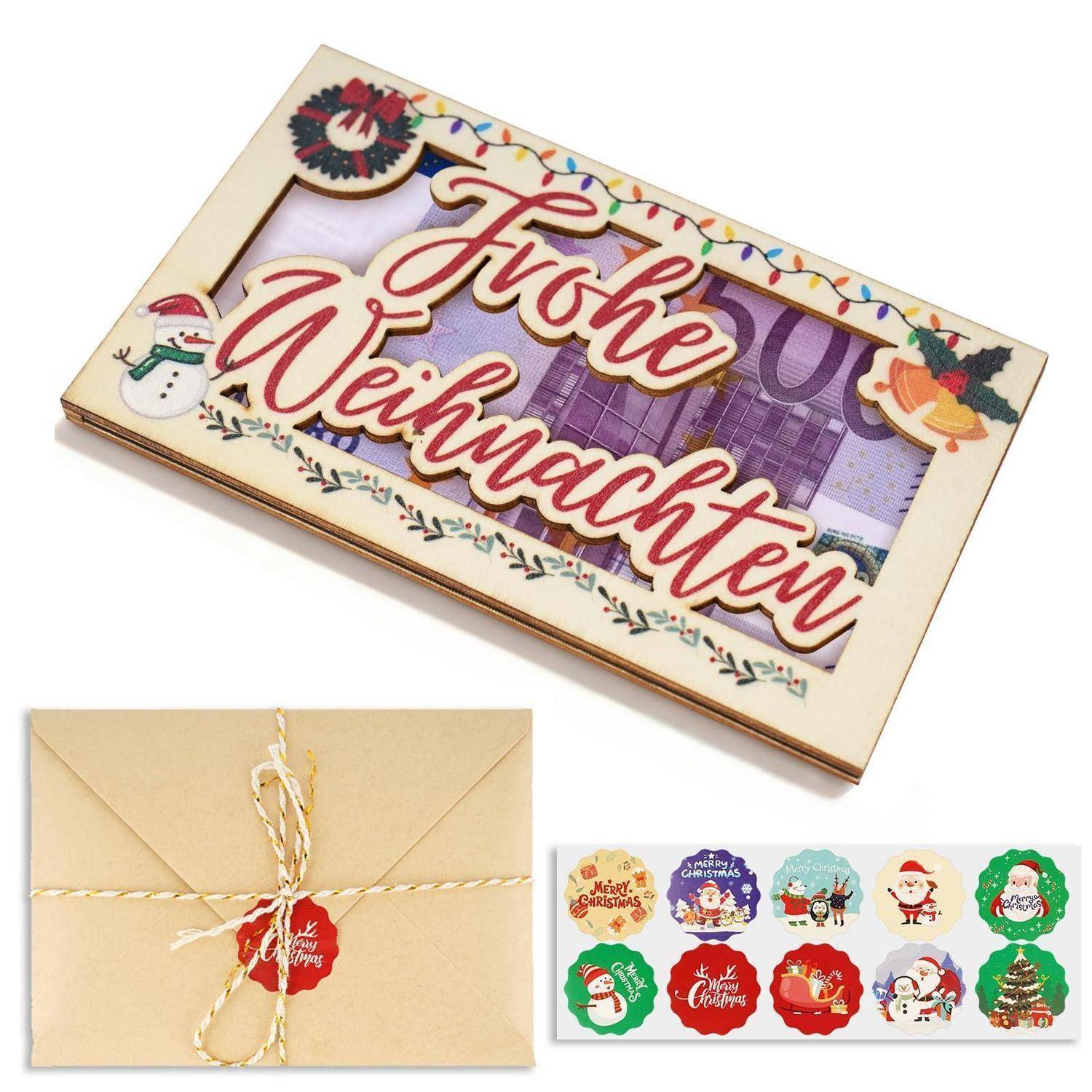 Weihnachtsthematische handgefertigte Geschenkverpackung: dekorierte Holzbox mit der Aufschrift „Frohe Weihnachten