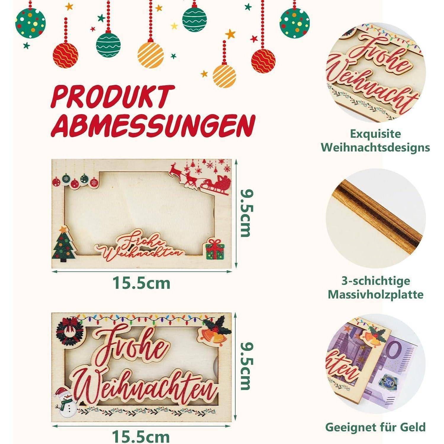 Infografik mit Weihnachtskarten-/Schachtelndesign und Produktabmessungen: 15,5 cm breit mal 9,5 cm hoch, mit Nahaufnahmen, die 