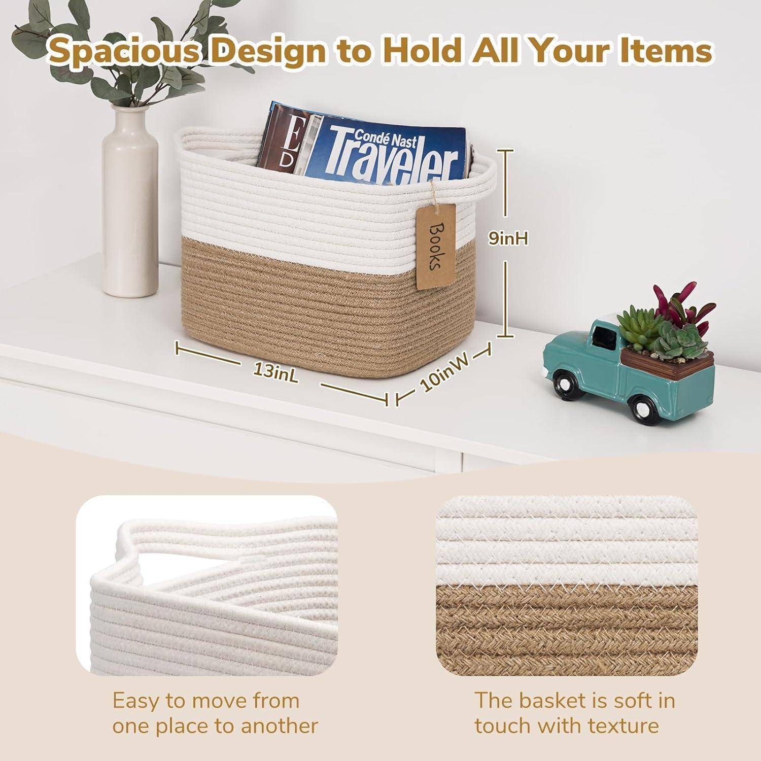Produktbild eines weiß und beige gewebten Aufbewahrungskorbs, der Magazine hält, mit der Beschriftung 13 Zoll breit, 10 Zoll tief, 9 Zoll hoch, mit den Beschriftungen „Leicht von einem Ort zum anderen zu bewegenn