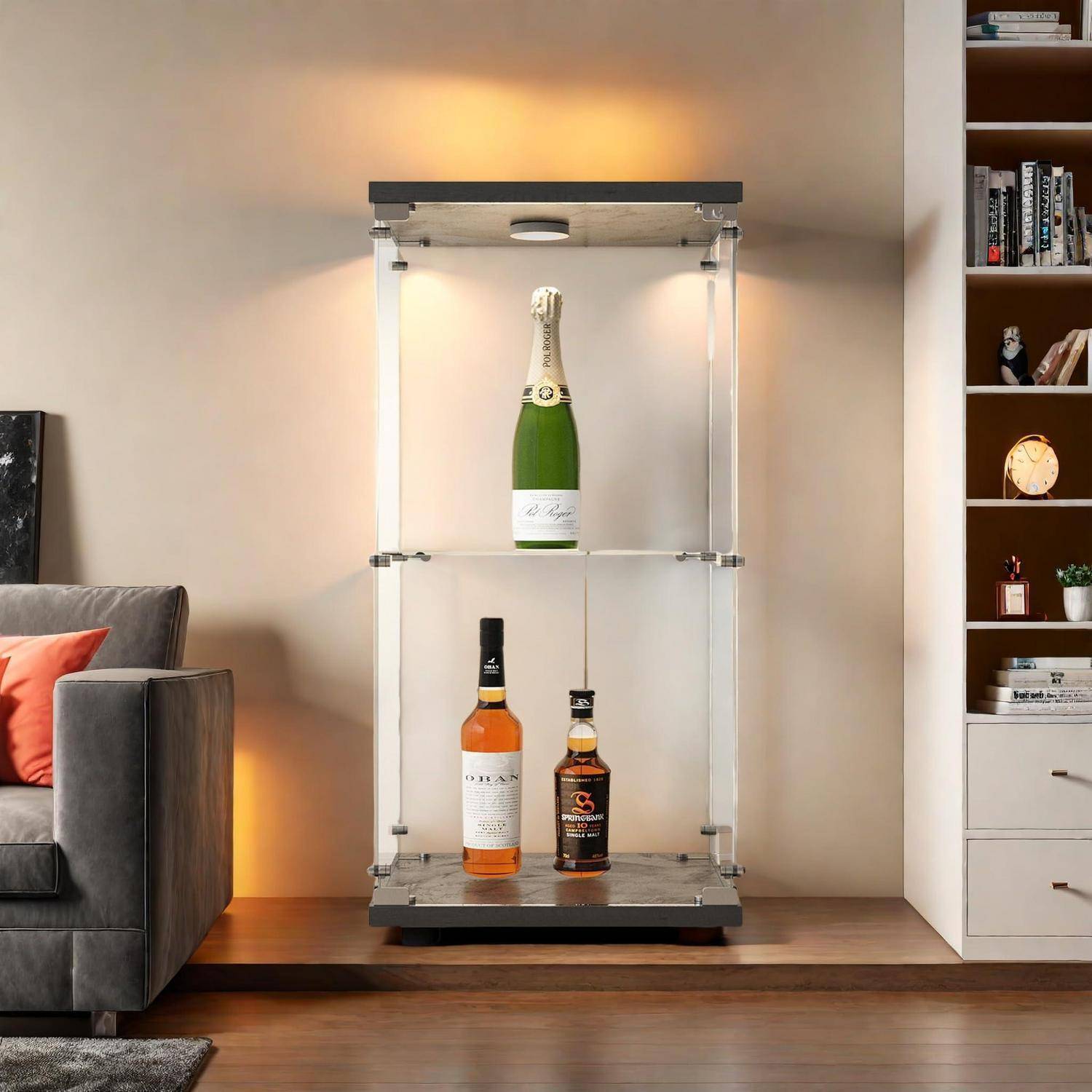 Glasvitrine Stehend, Vitrinenschrank mit LED Beleuchtung und Glastüren,2-Lagen Glasvitrine Staubdicht mit 1 Tür, Standvitrine Glasschrank für Wohnz
