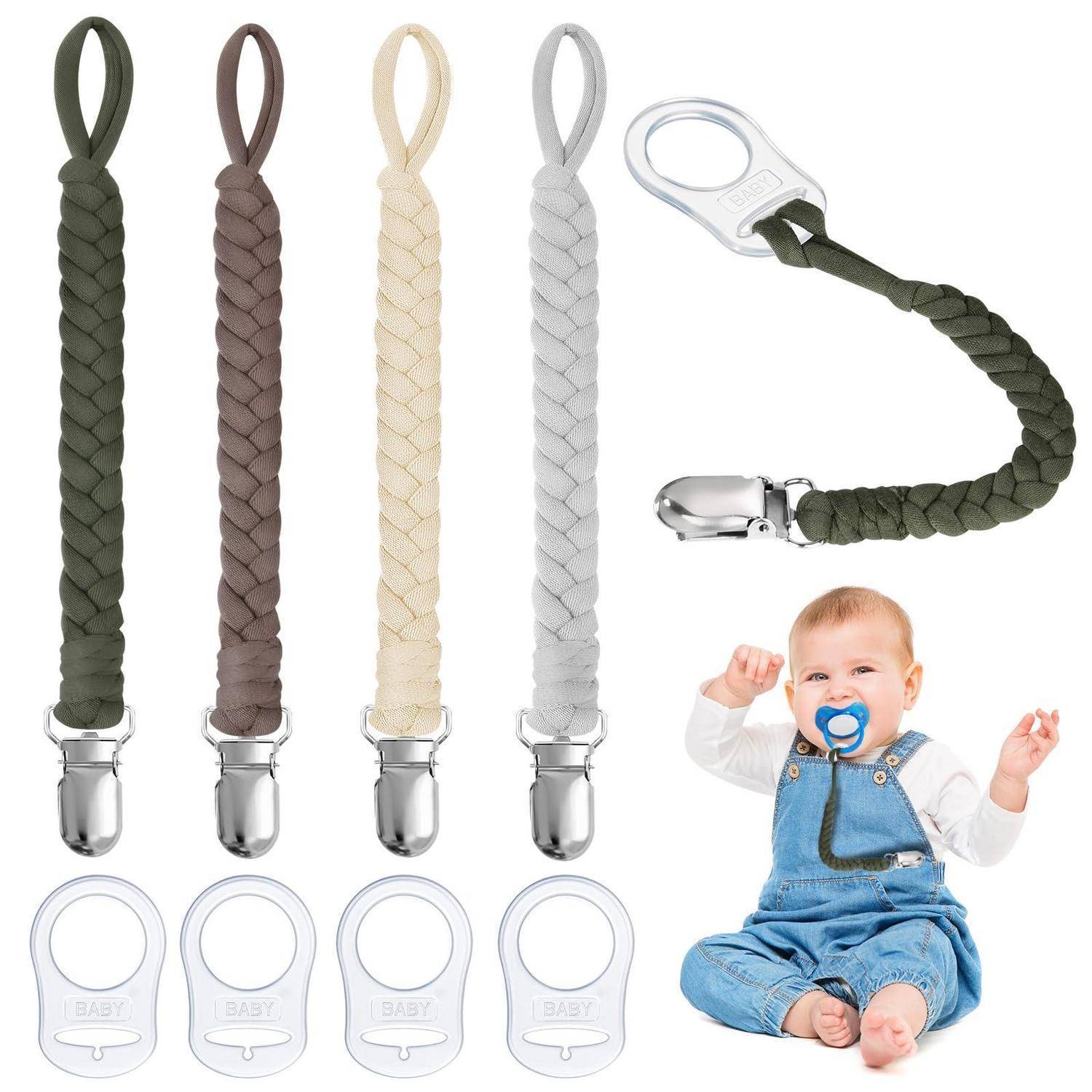 Geflochtene Schnullerketten in vier Farben mit Kunststoffhaltern, gezeigt befestigt an einem Baby, das eine benutzt.