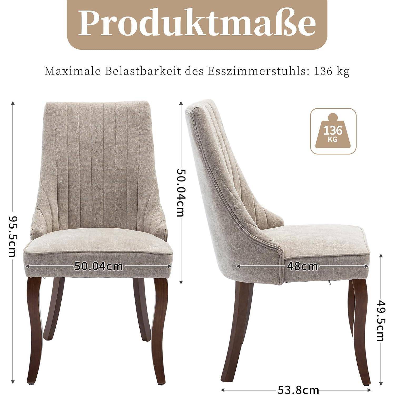 Shenyon Esszimmerstühle 4er Set, Bequeme Polsterstühle aus Stoff mit Channel-Steppung, Moderne Küchenstühle für Esszimmer mit gebogenen Massivhol