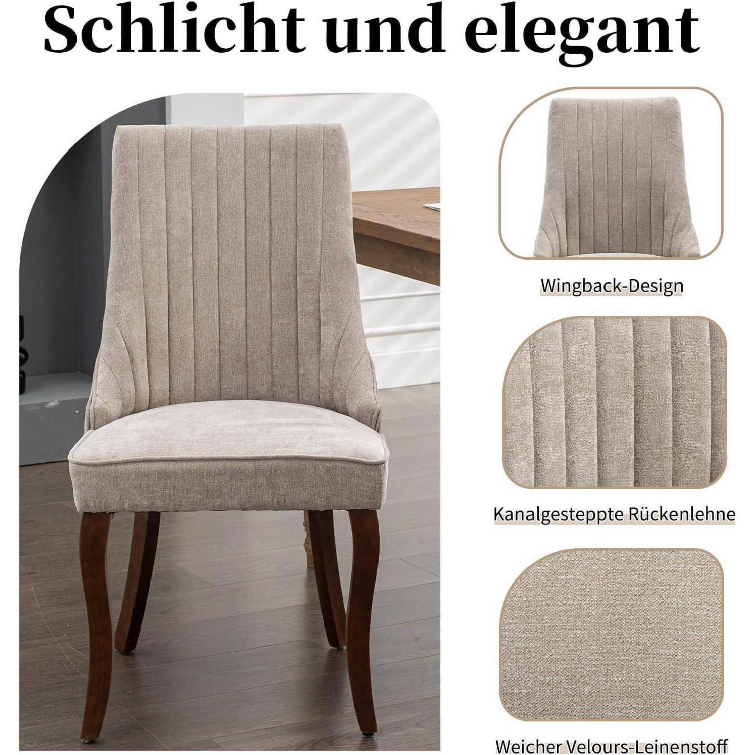 Shenyon Esszimmerstühle 4er Set, Bequeme Polsterstühle aus Stoff mit Channel-Steppung, Moderne Küchenstühle für Esszimmer mit gebogenen Massivhol