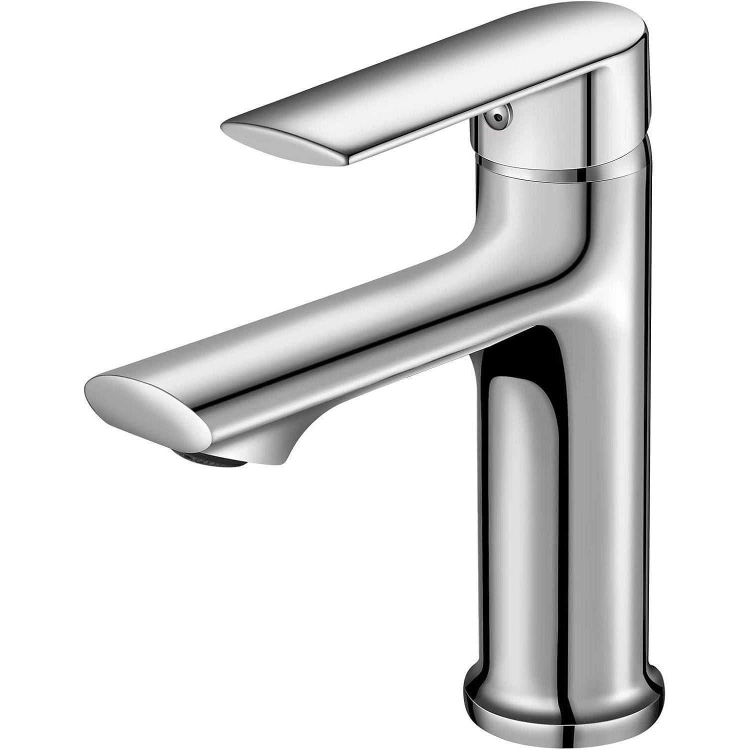 Chrom-Einhebel-Badezimmerkran mit modernem gebogenem Auslauf, dargestellt auf weißem Hintergrund.
