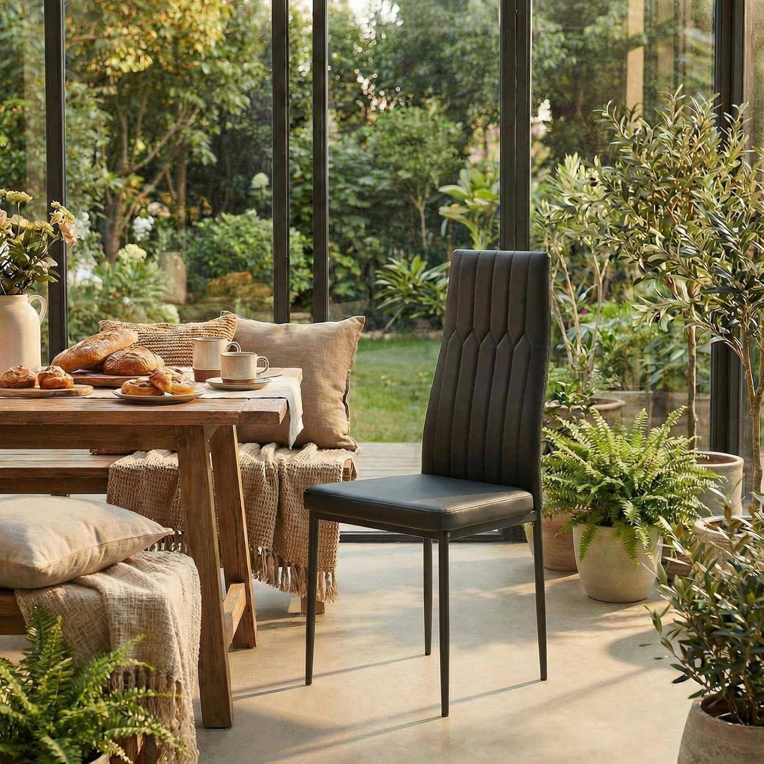 Ein schwarzer Esszimmerstuhl neben einem rustikalen Frühstückstisch mit Gebäck und Kaffee in einem sonnendurchfluteten Wintergarten mit Blick auf einen Garten.