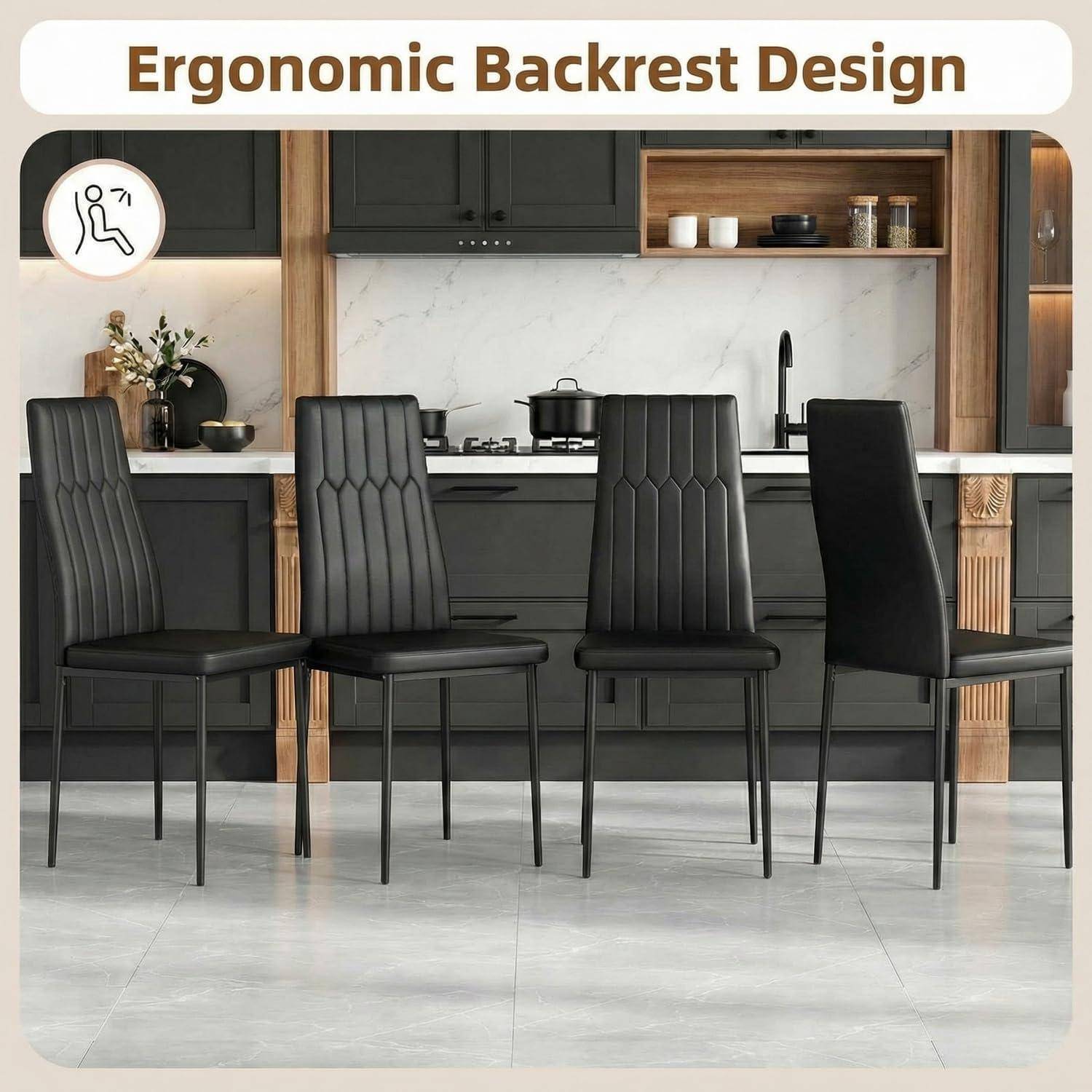 Fünf schwarze Esszimmerstühle mit hohen ergonomischen Rückenlehnen, dargestellt in einer modernen Küche, mit der Bezeichnung „Ergonomisches Rückenlehnendesign".