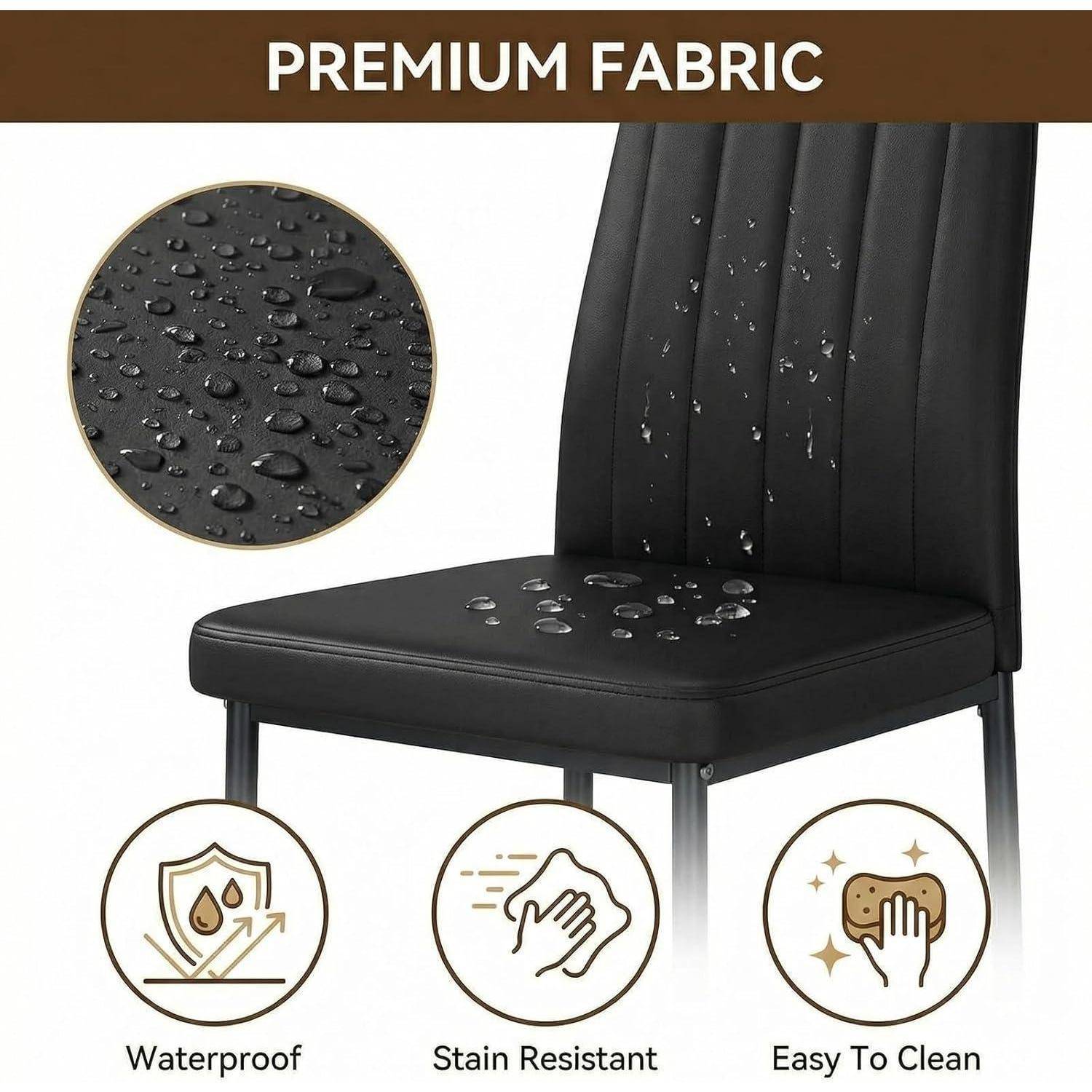 Werbegrafik eines schwarzen Stuhls mit dem Text „PREMIUM FABRIC", der Wassertropfen auf der Sitzfläche zeigt und Symbole mit den Bezeichnungen wasserdicht, fleckenabweisend und leicht zu reinigen.