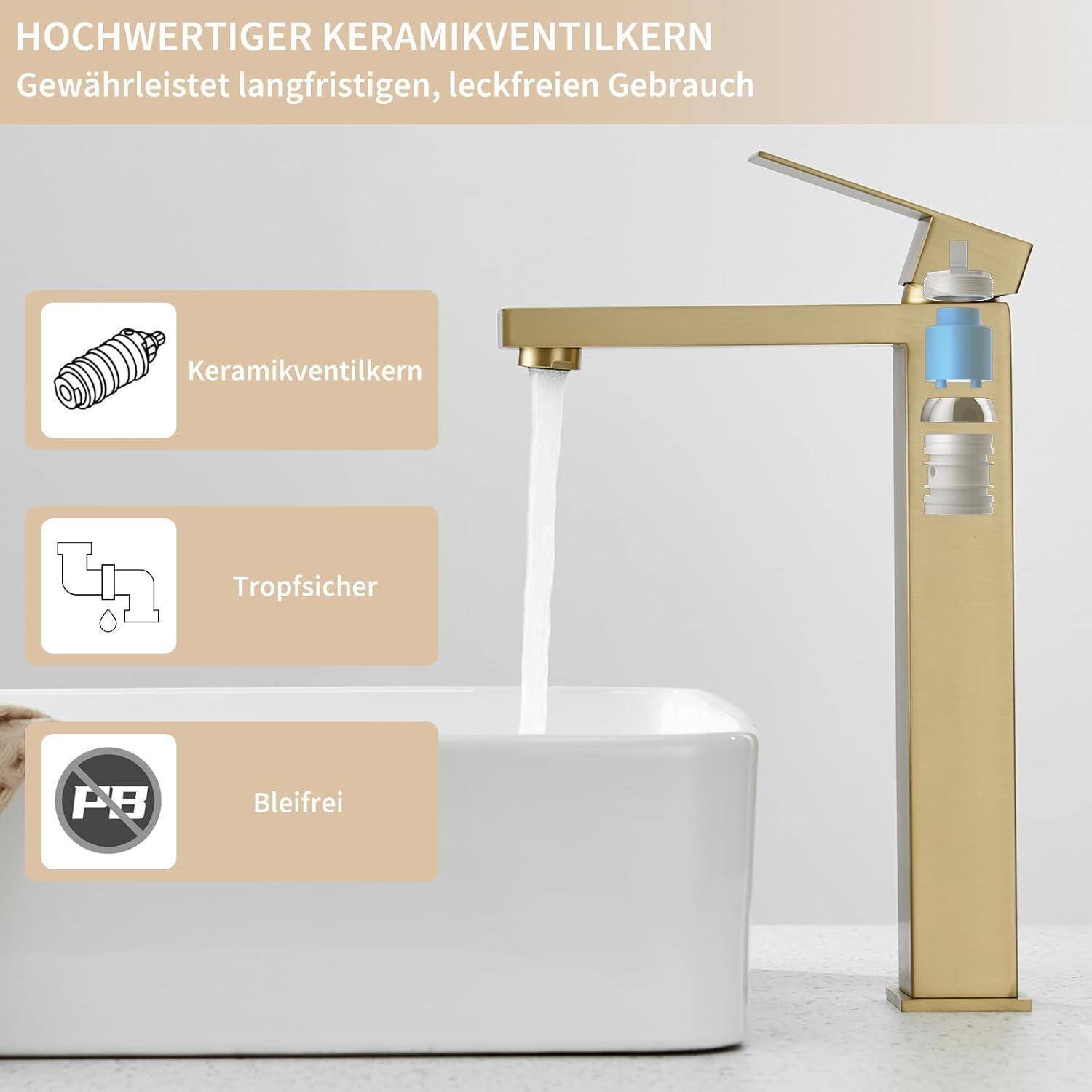 Wasserhahn Bad Gold - Waschtischarmatur Hoch aus Edelstahl mit Geräuscharmem Keramischem Ventilkern, Mischbatterie Waschbecken Hoch Auslaufhöhe 250