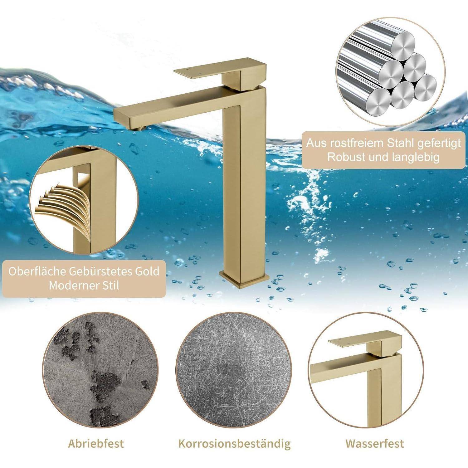 Wasserhahn Bad Gold - Waschtischarmatur Hoch aus Edelstahl mit Geräuscharmem Keramischem Ventilkern, Mischbatterie Waschbecken Hoch Auslaufhöhe 250