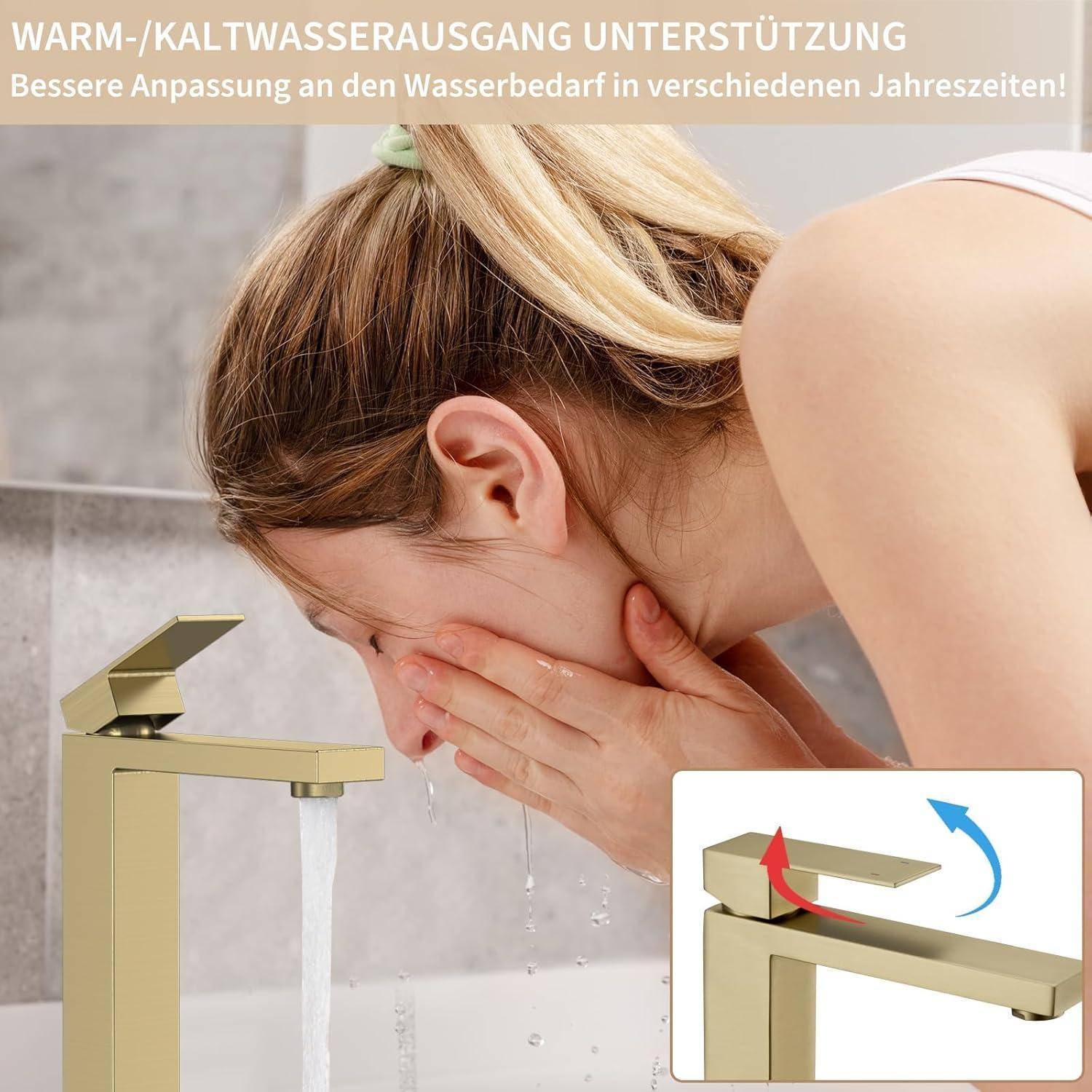 Wasserhahn Bad Gold - Waschtischarmatur Hoch aus Edelstahl mit Geräuscharmem Keramischem Ventilkern, Mischbatterie Waschbecken Hoch Auslaufhöhe 250